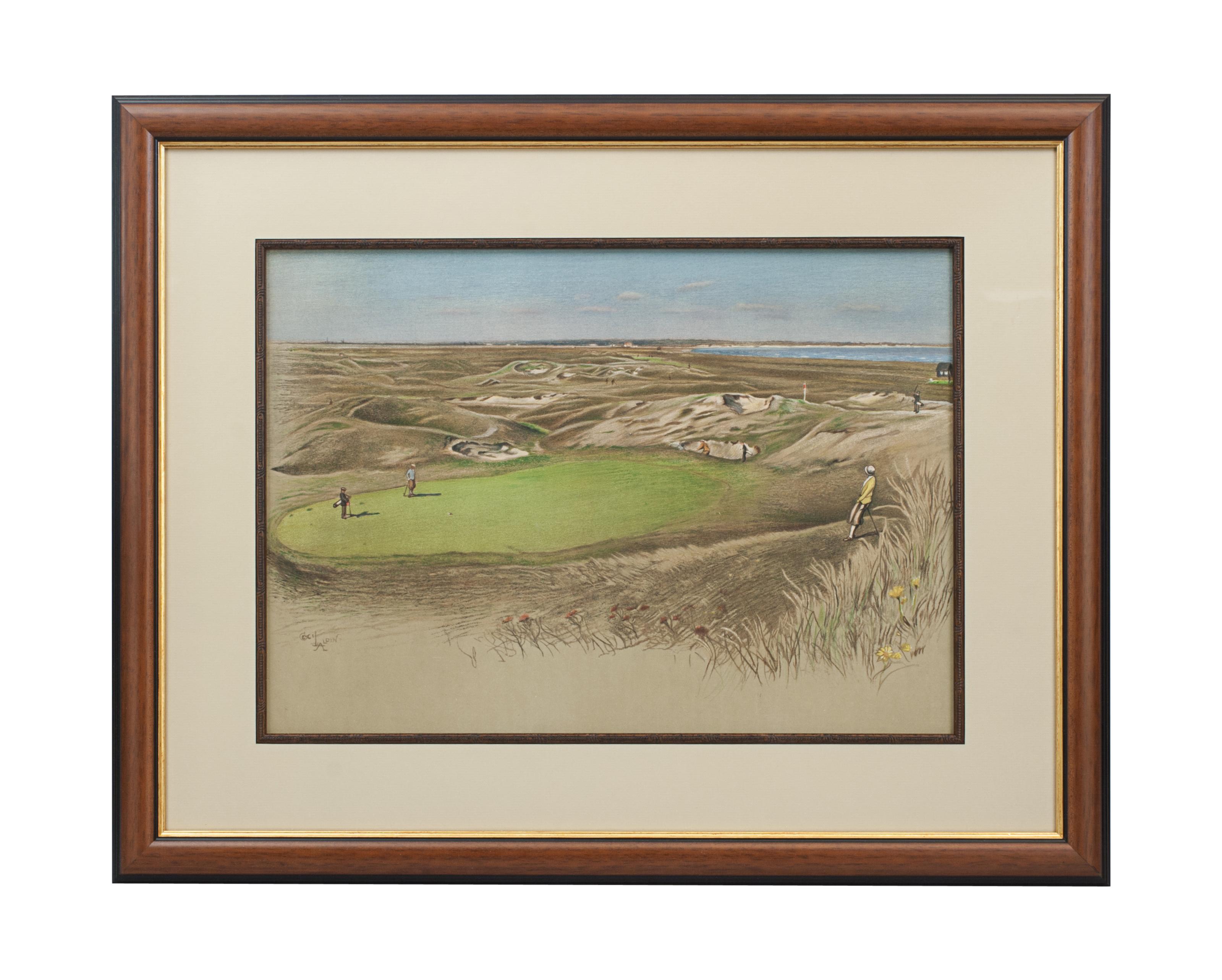 Royal St. George's after Cecil Aldin.
A mounted and framed golf photolithograph of Royal St. George's, Sandwich, 