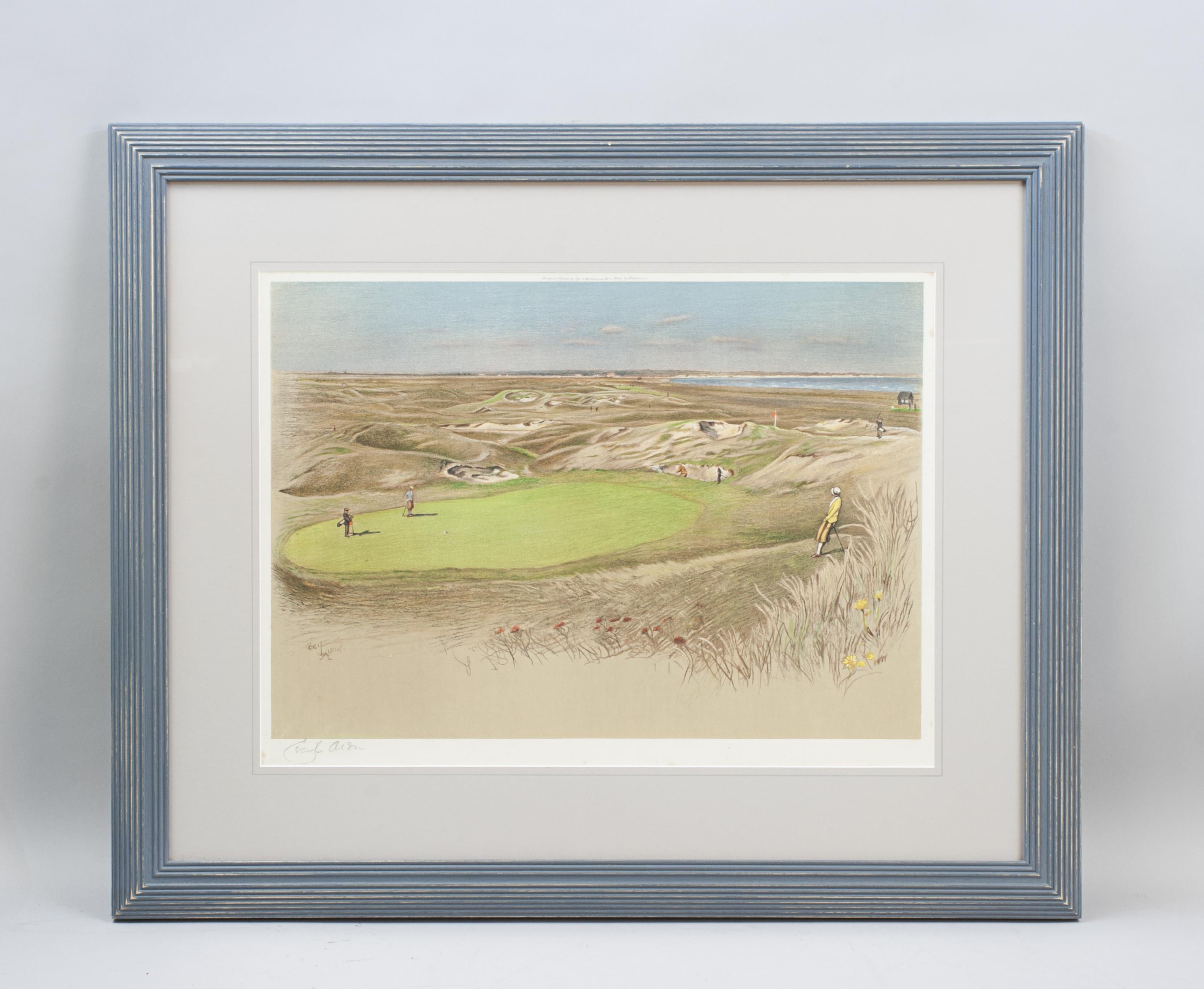 Signed Cecil Aldin Golf Print, Royal St. George's.
A mounted and framed rare golf photolithograph of Royal St. George's, Sandwich, 