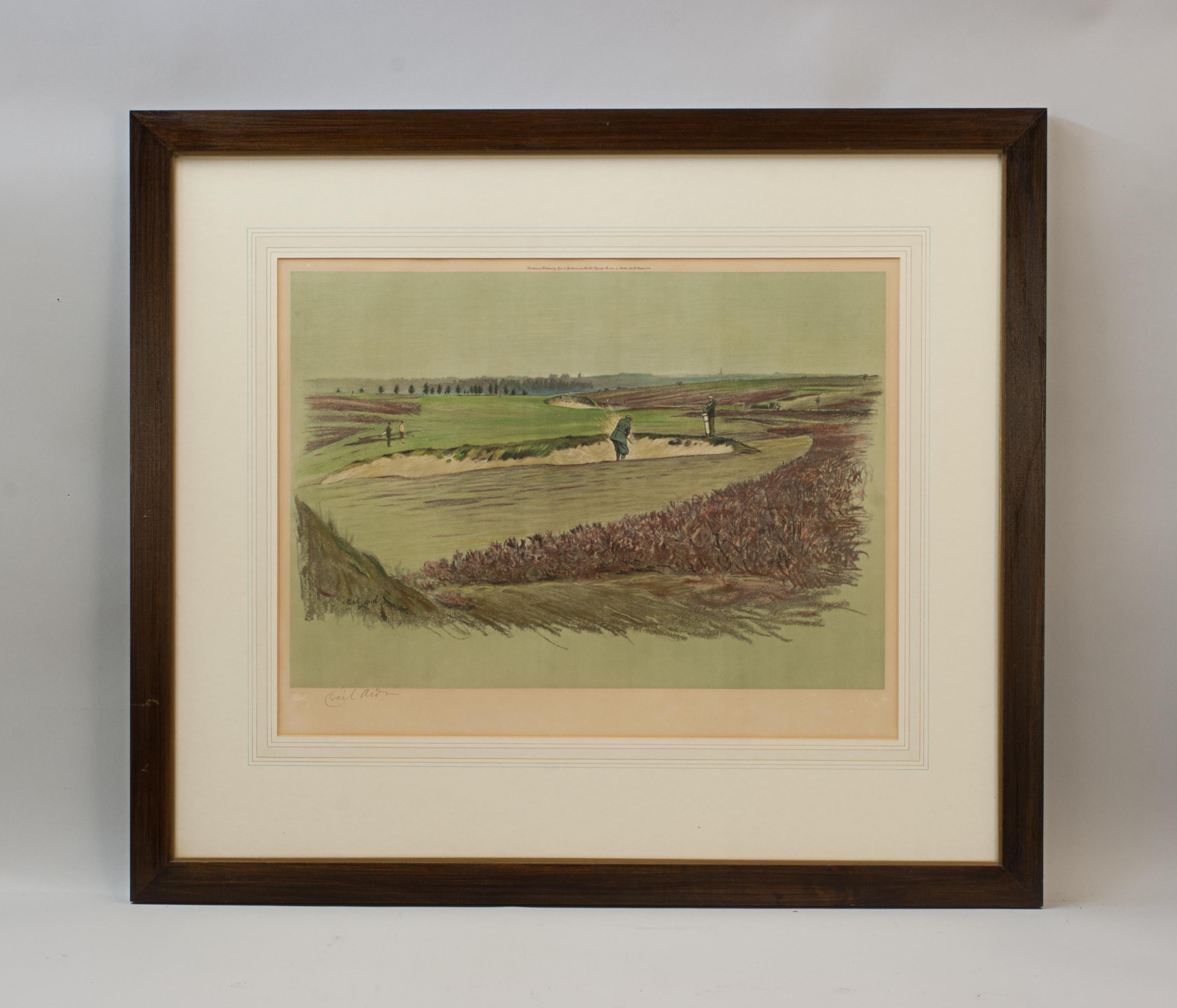 Signed Cecil Aldin Golf Print, Walton Heath - Old Course.
A mounted and framed golf photolithograph of Walton Heath (the Seventeenth hole, on the ' OLD COURSE'). Signed in pencil by the artist, bottom left-hand corner. Printed and published by Eyre