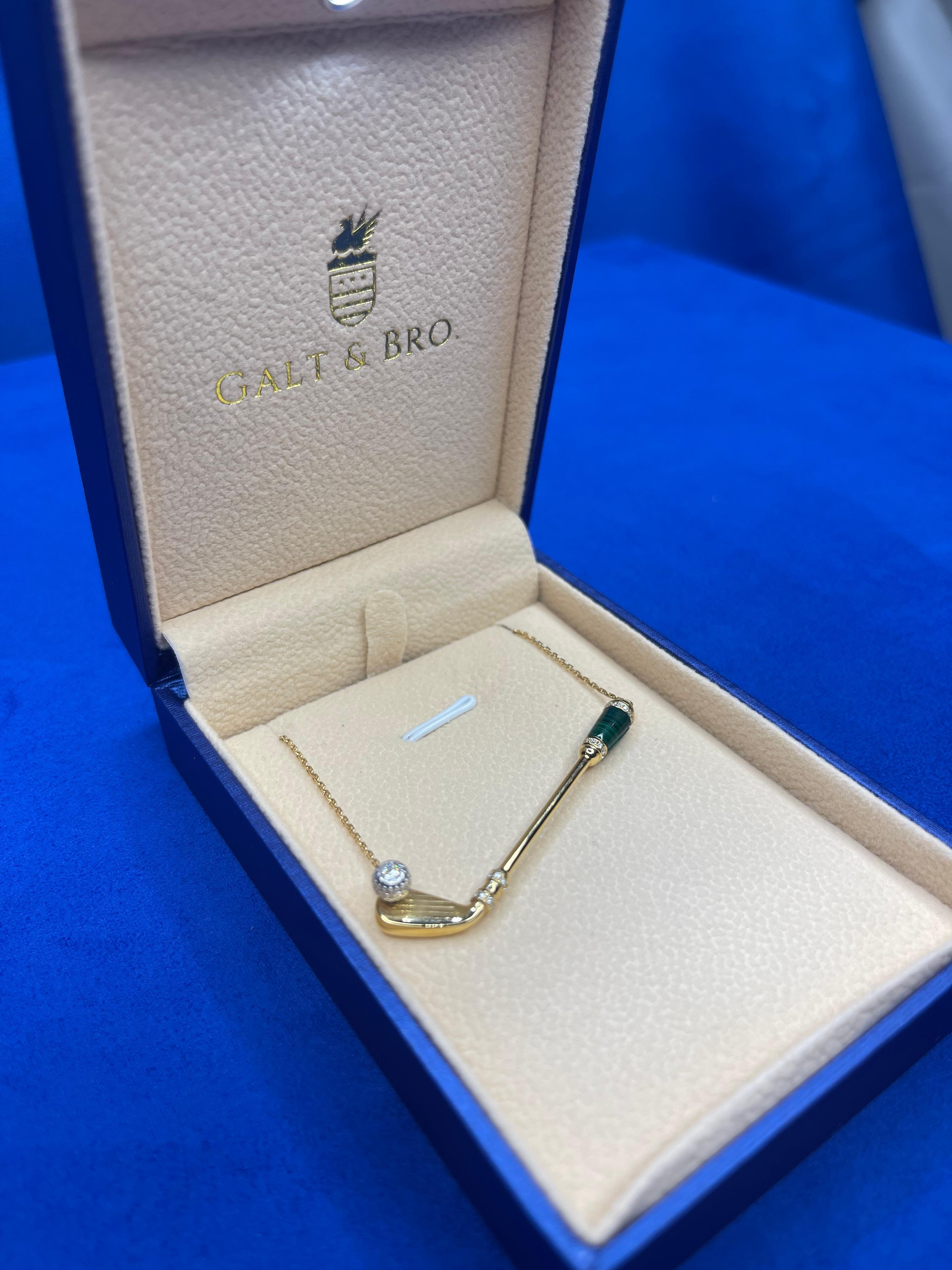 Antique Cushion Cut Diamond Green Malachite Golf Club Birdie Charm 18K Yellow Gold Necklace Pendant For Sale