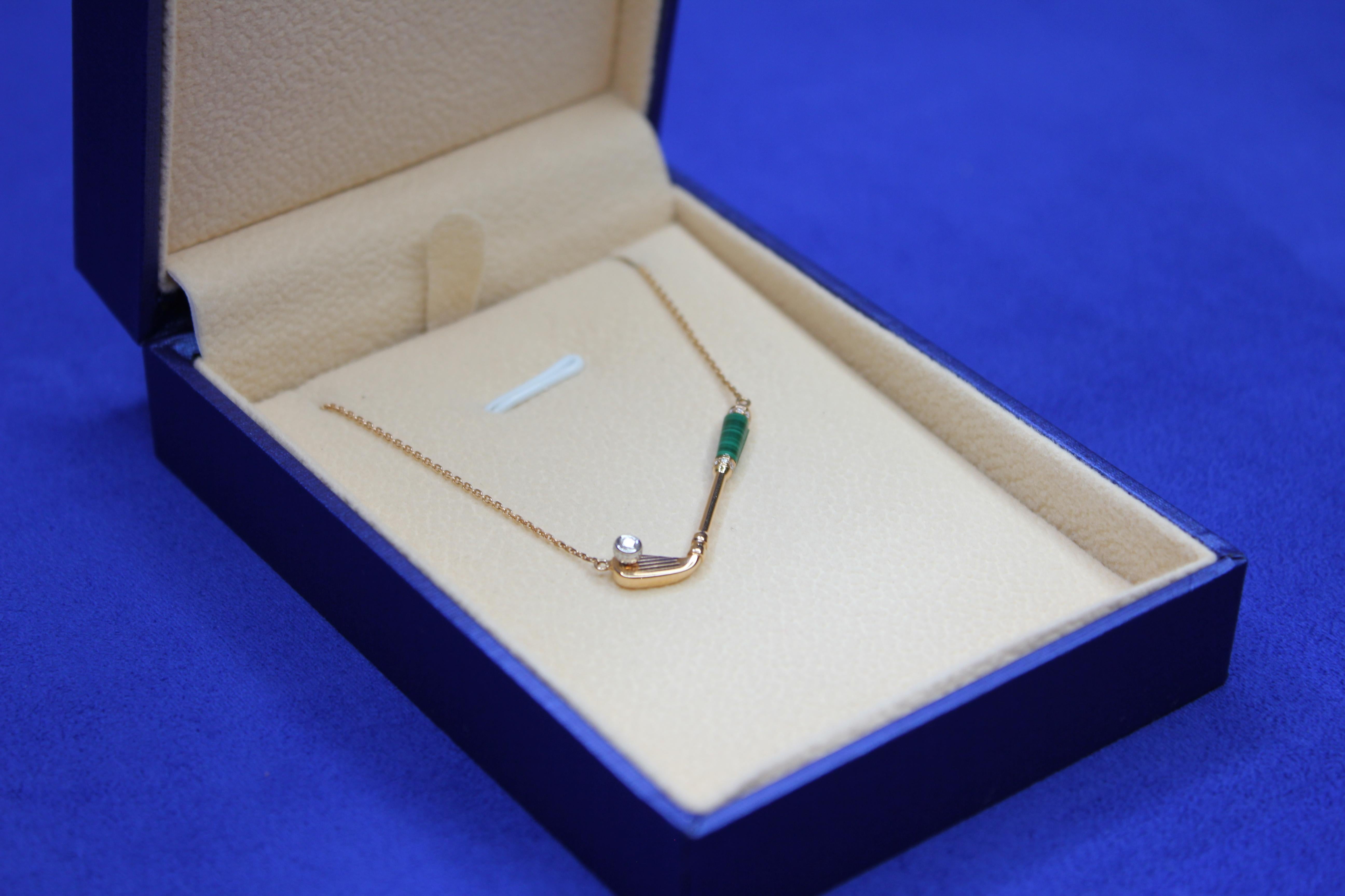 Colgante Collar Oro Amarillo 18K Diamante Malaquita Verde Golf Club Birdie Charm en venta 4