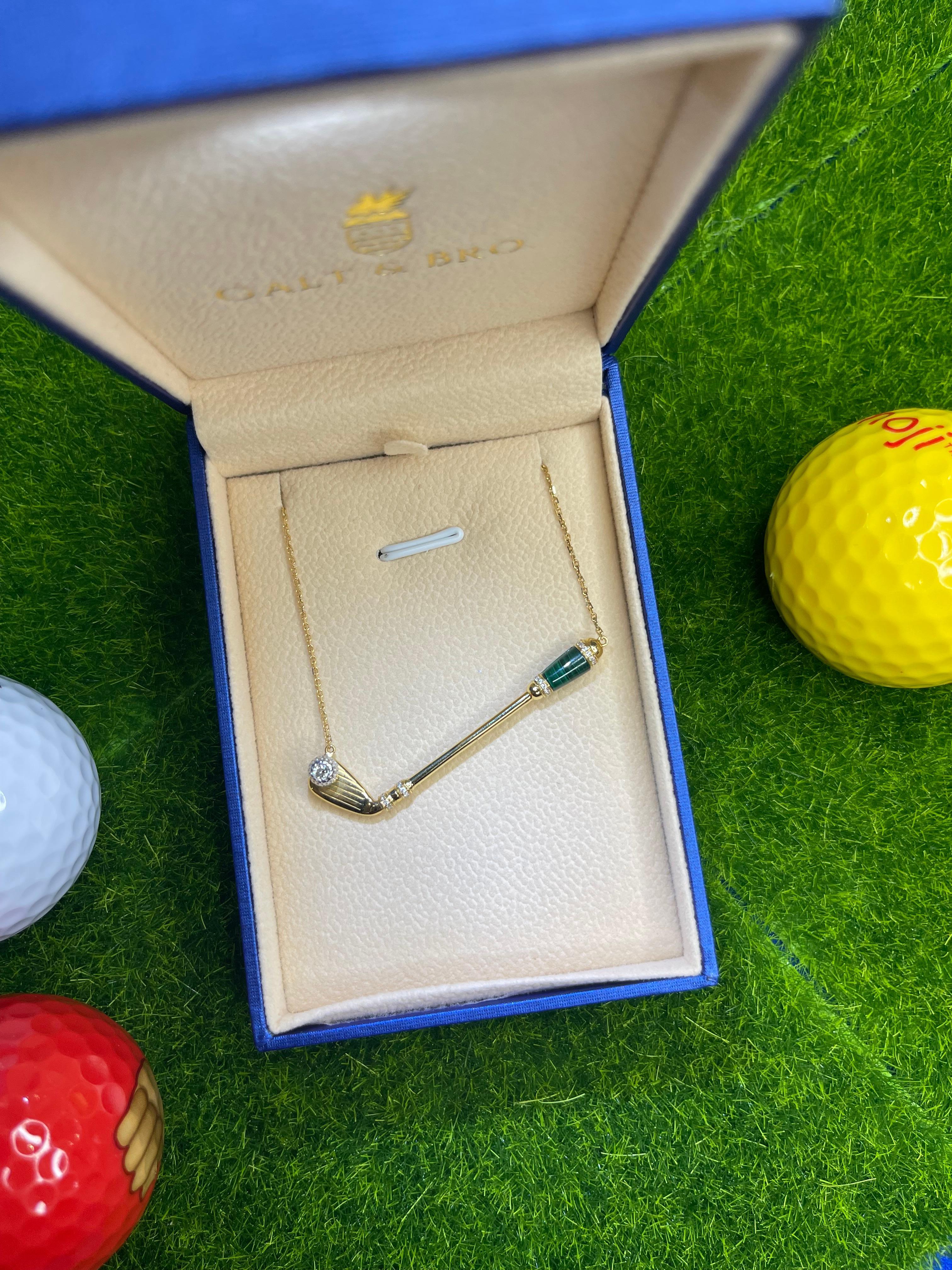 Diamond Green Malachite Golf Club Birdie Charm 18K Yellow Gold Necklace Pendant In New Condition For Sale In Alexandria, VA