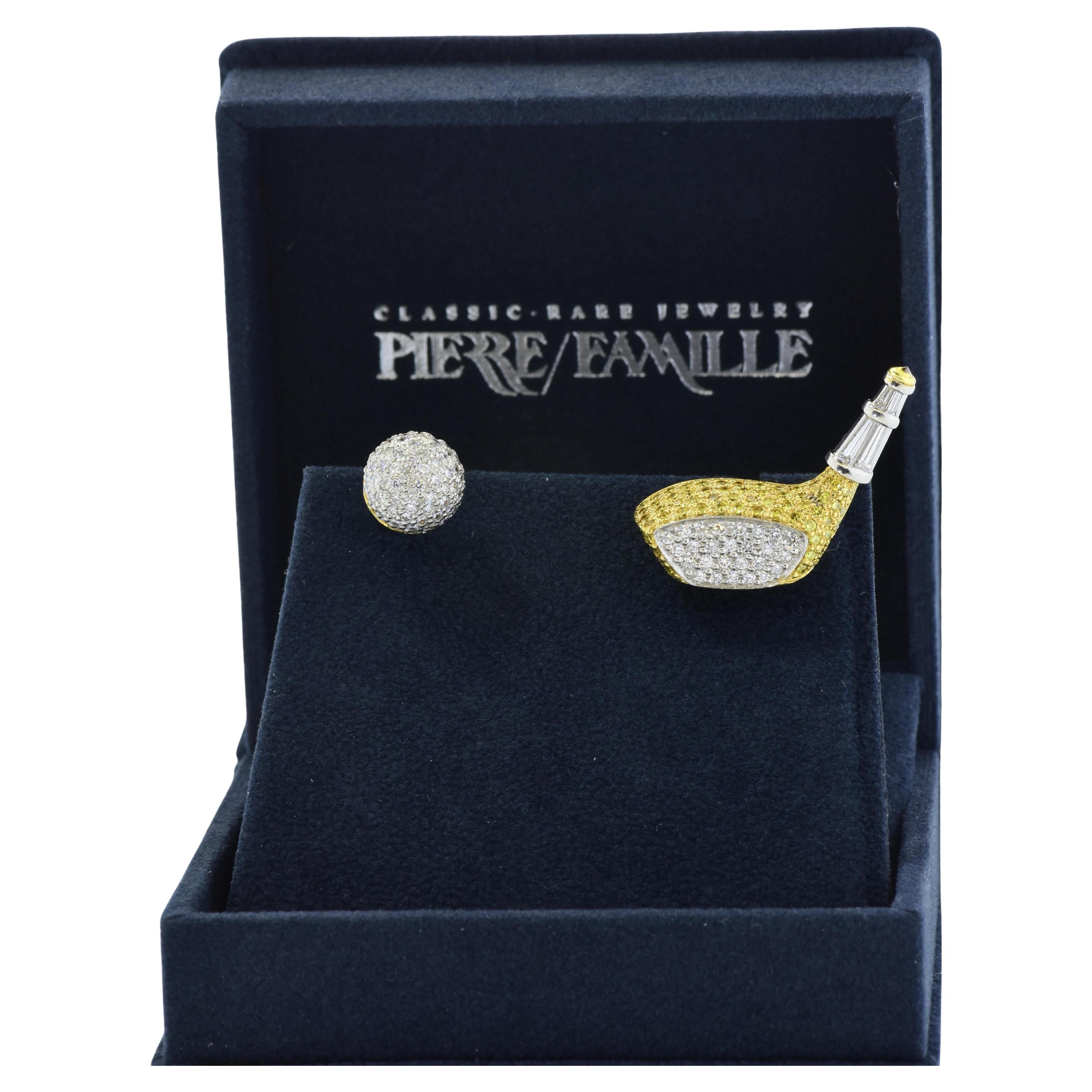 Golf Motif Cufflinks with Very Fine Intense Yellow Diamonds & White Diamonds For Sale
