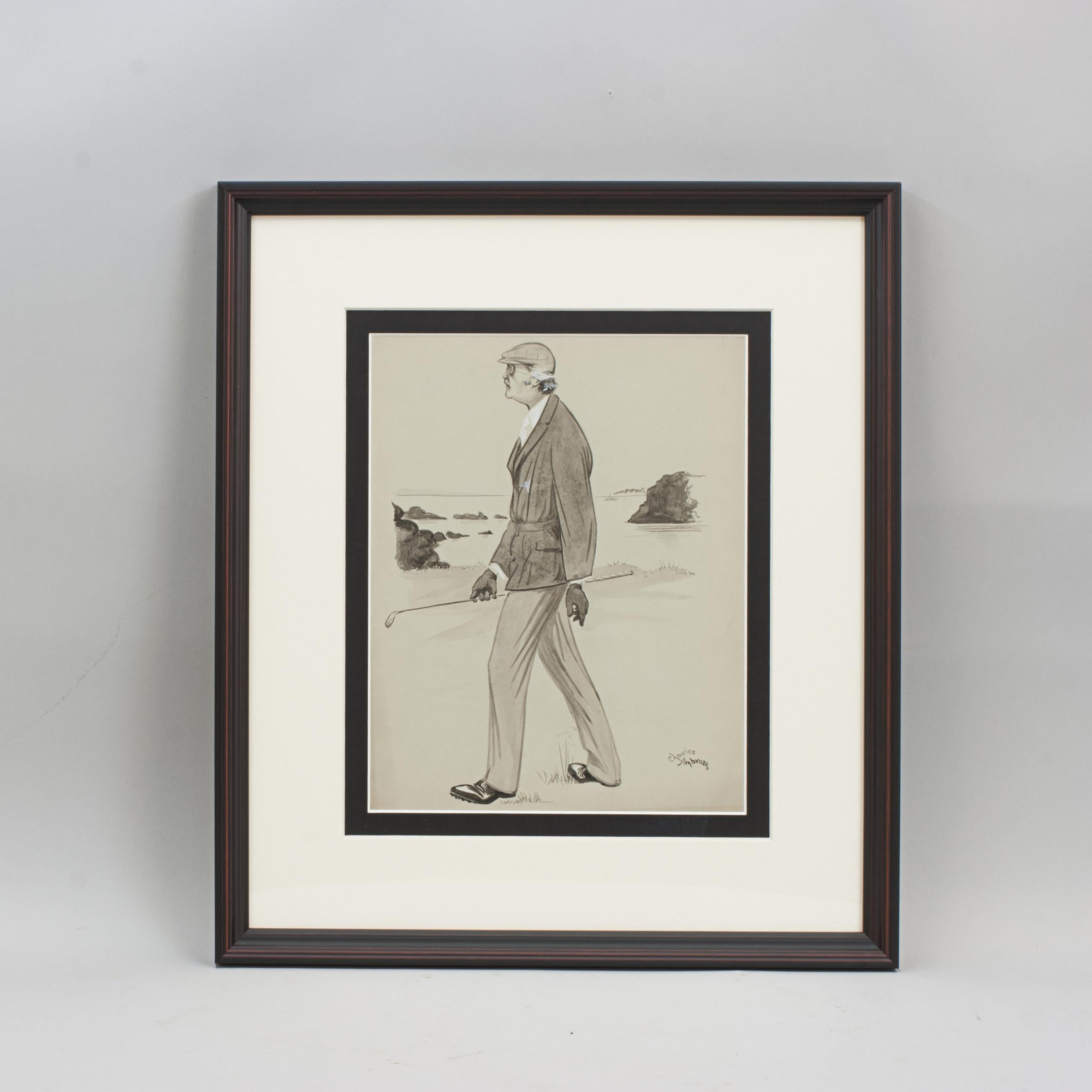 Golf watercolour painting by Charles Ambrose Of British Politician Arthur Balfour.
Original watercolor en grisaille on board of Arthur Balfour in golfing attire, by Charles Ambrose. Ambrose was a notable portrait painter of famous figures including