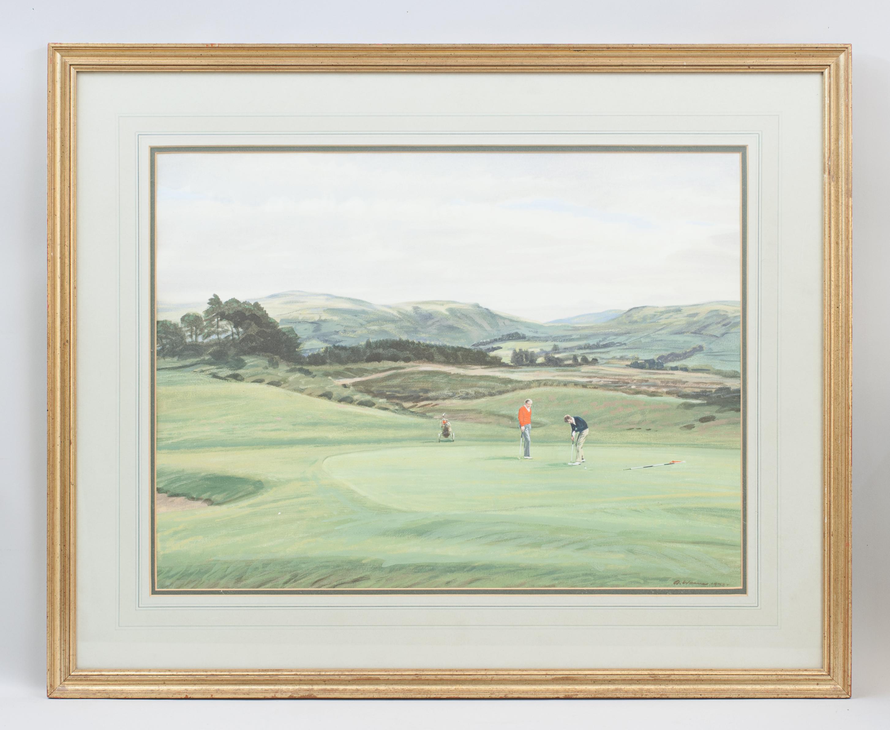Arthur Weaver Golf Print of Gleneagles, Canty Lye, 10th Green.
An original watercolour painting by Arthur Weaver. Entitled '10th Green, King's Course, Gleneagles', 1978. The picture depicts the 10th hole, Canty Lye, with a golfer putting and a