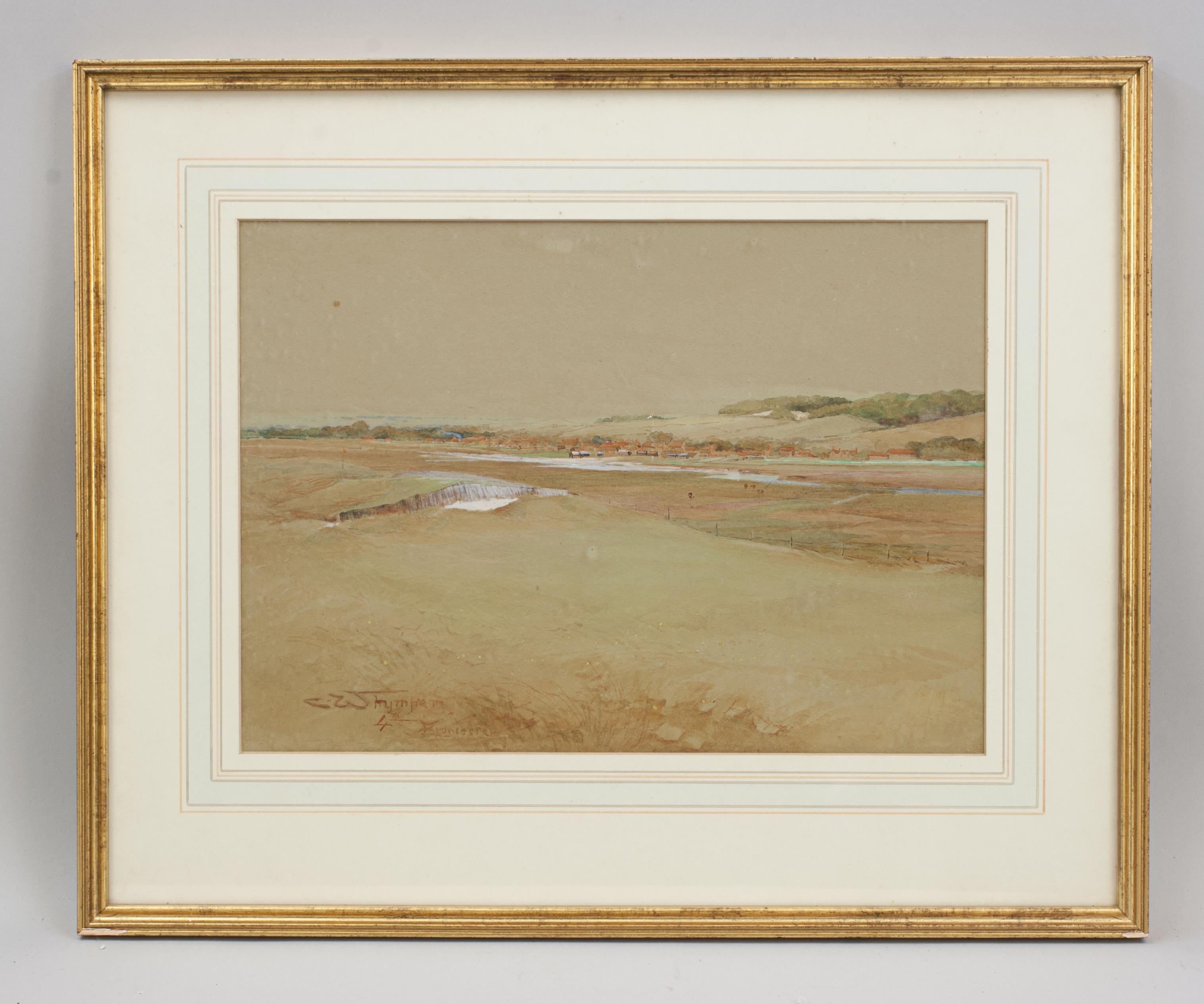 Pintura de golf del club de golf de Thurlestone por Charles Whymper.
Cuadro original en acuarela, bien pintado y enmarcado, con realces en gouache, del hoyo 4 del Club de Golf de Thurlestone, situado en una Zona de Extraordinaria Belleza Natural y