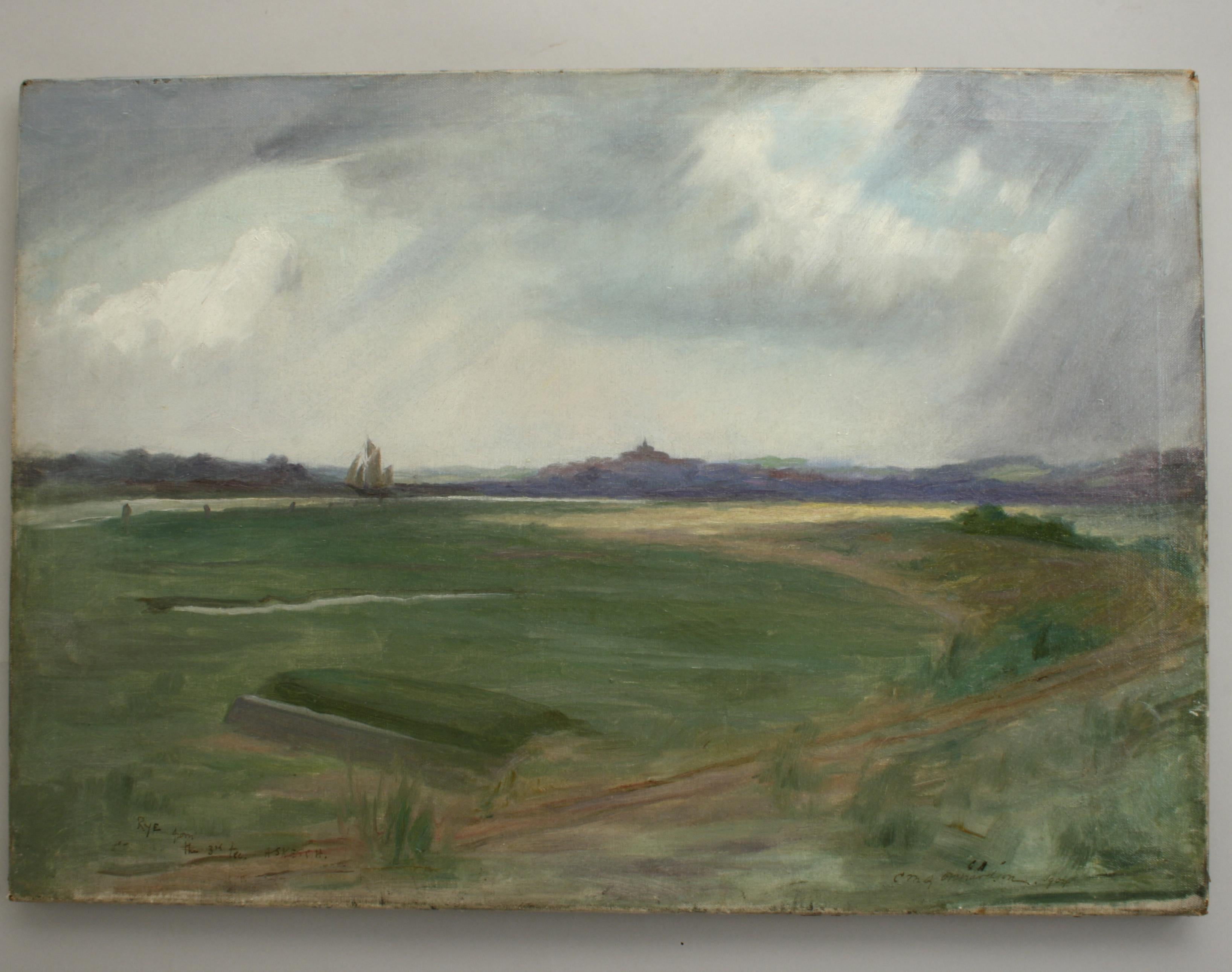 Peinture de golf, Rye Golf Club, Rye Harbour, depuis le 3ème tee Bon état - En vente à Oxfordshire, GB