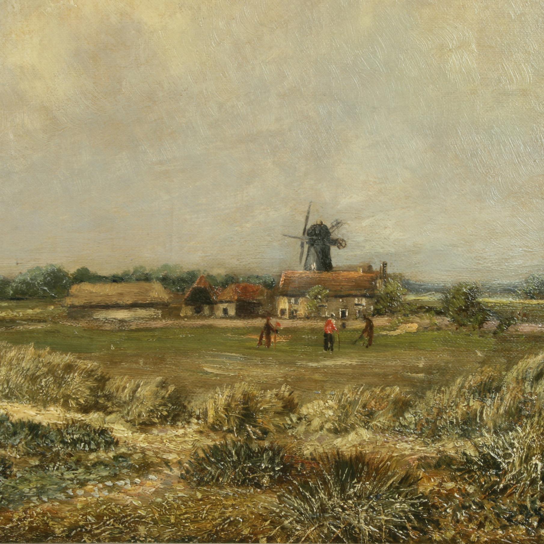 Golf painting, Wimbledon common by Edwin Harris.
A well executed painting, oil on canvas, by Edwin Harris. The painting depicts a group of golfers, a threesome putting on the green at Wimbledon common in front of the Windmill. It is signed and