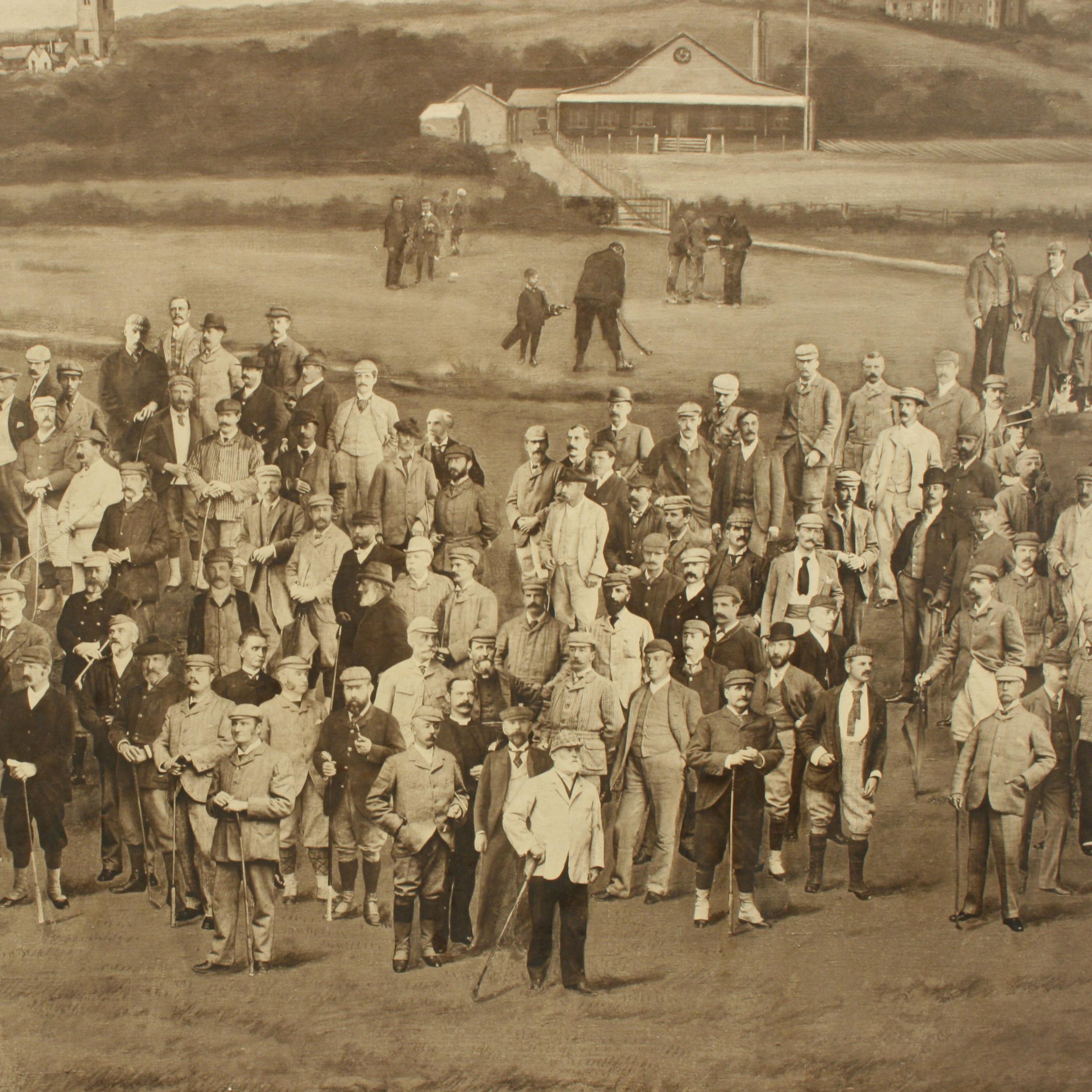 Royal North Devon Golf Club 1893 by Mayall & Co. Ltd.
A great image of the members of the 'Royal North Devon Golf Club, Westward Ho!' from 1893. The figures are all photographs superimposed onto a painted background of the course. In the margin is