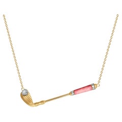 Golf Club Birdie Pink Pearl Diamonds Pave 18 Karat Solid Gold Necklace Pendant