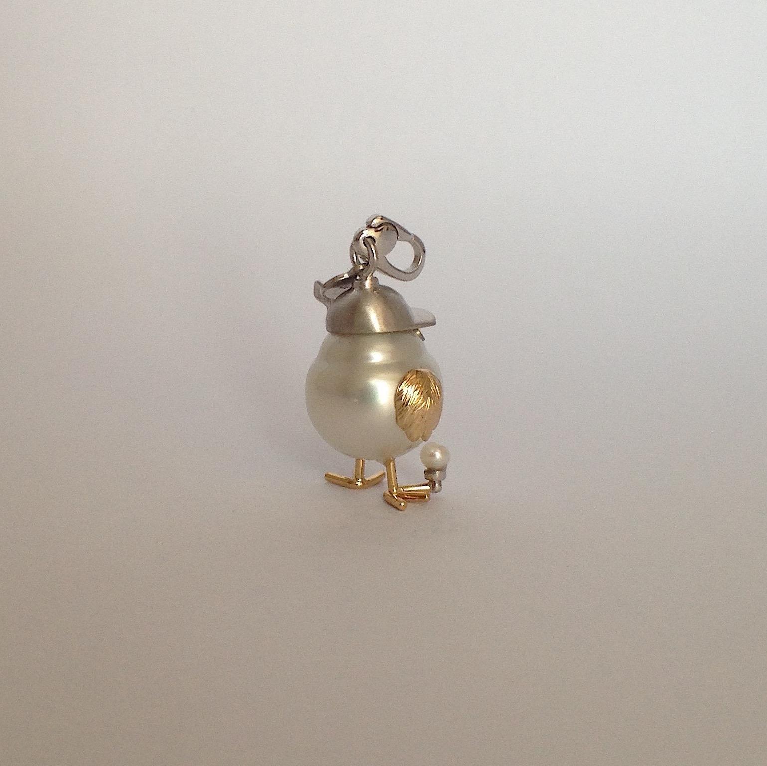 Contemporary Golf Player Chick Diamond Australian Pearl 18Kt Gold Charm Pendant Necklace