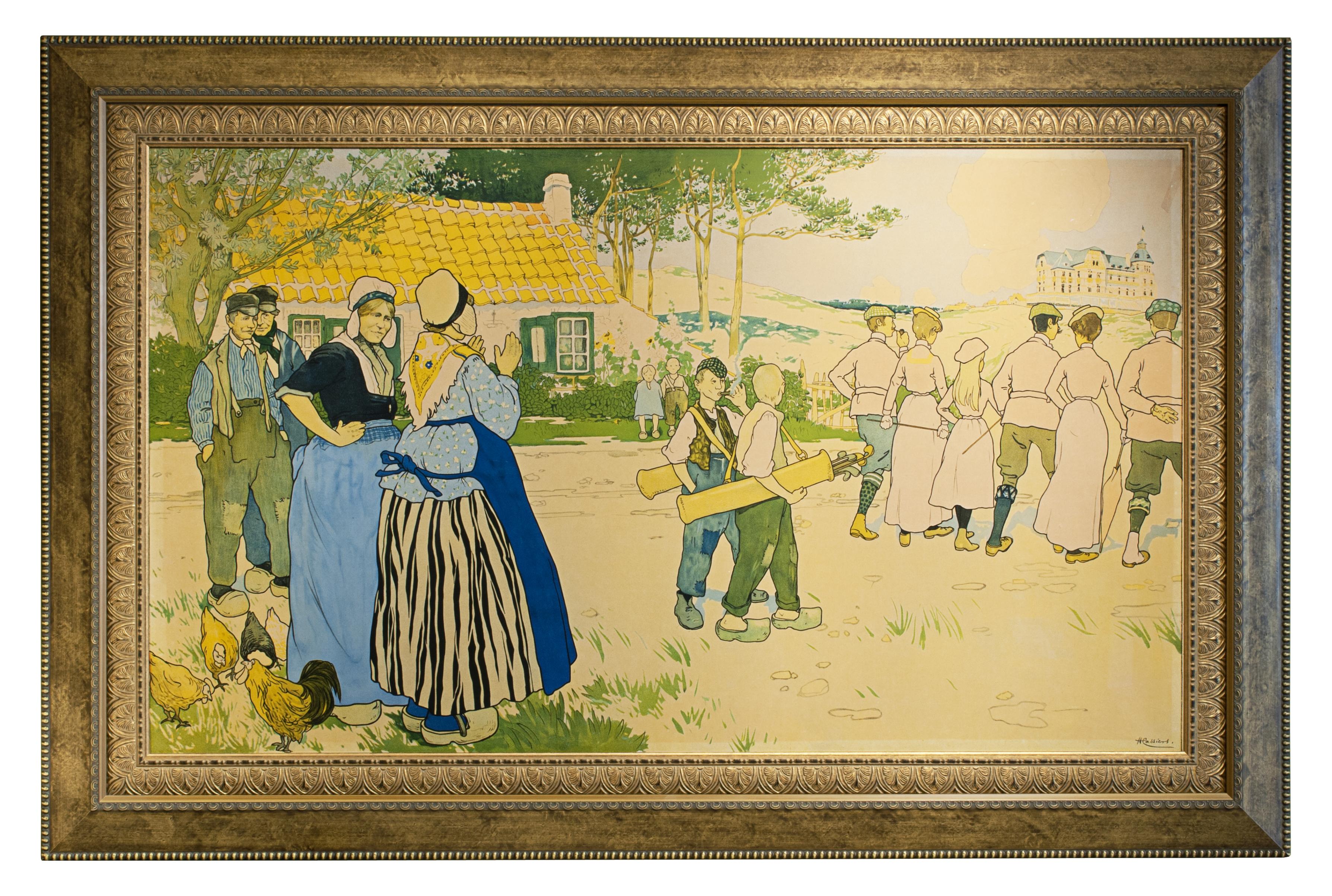 Antique golf poster.
A large continental advertising poster for Coq sur Mer, De Haan, Belgium, 1897. The image is in a faded condition, but this is an extremely impressive picture. The picture depicts a group of golfers off to play golf with their