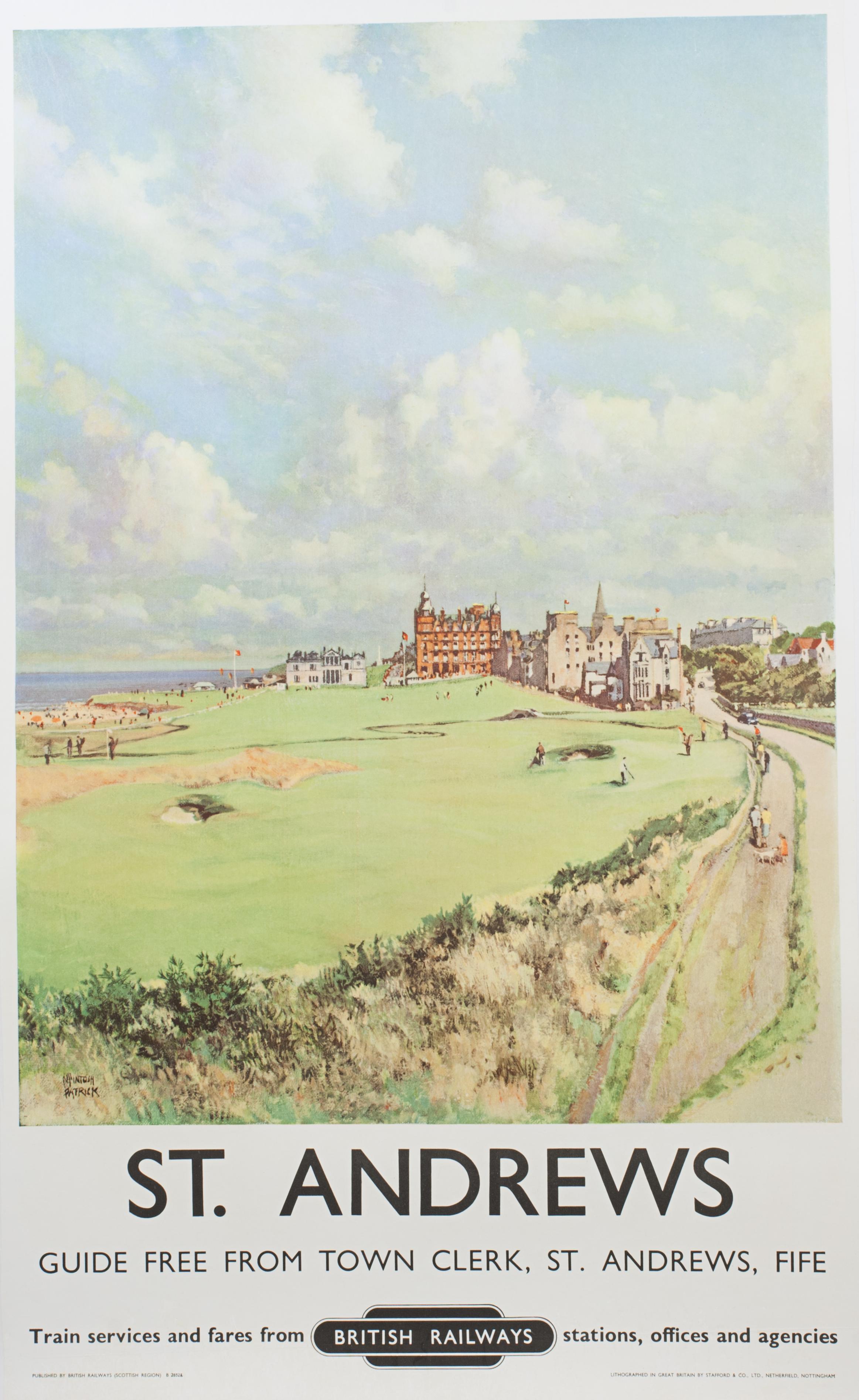 McIntosh Patrick Golf Poster of St Andrews, 17th and 18th Holes.
This fine and very rare vintage British Railways Travel Poster in excellent good original condition, professionally mounted on linen, crease lines are hardly visible. The travel poster