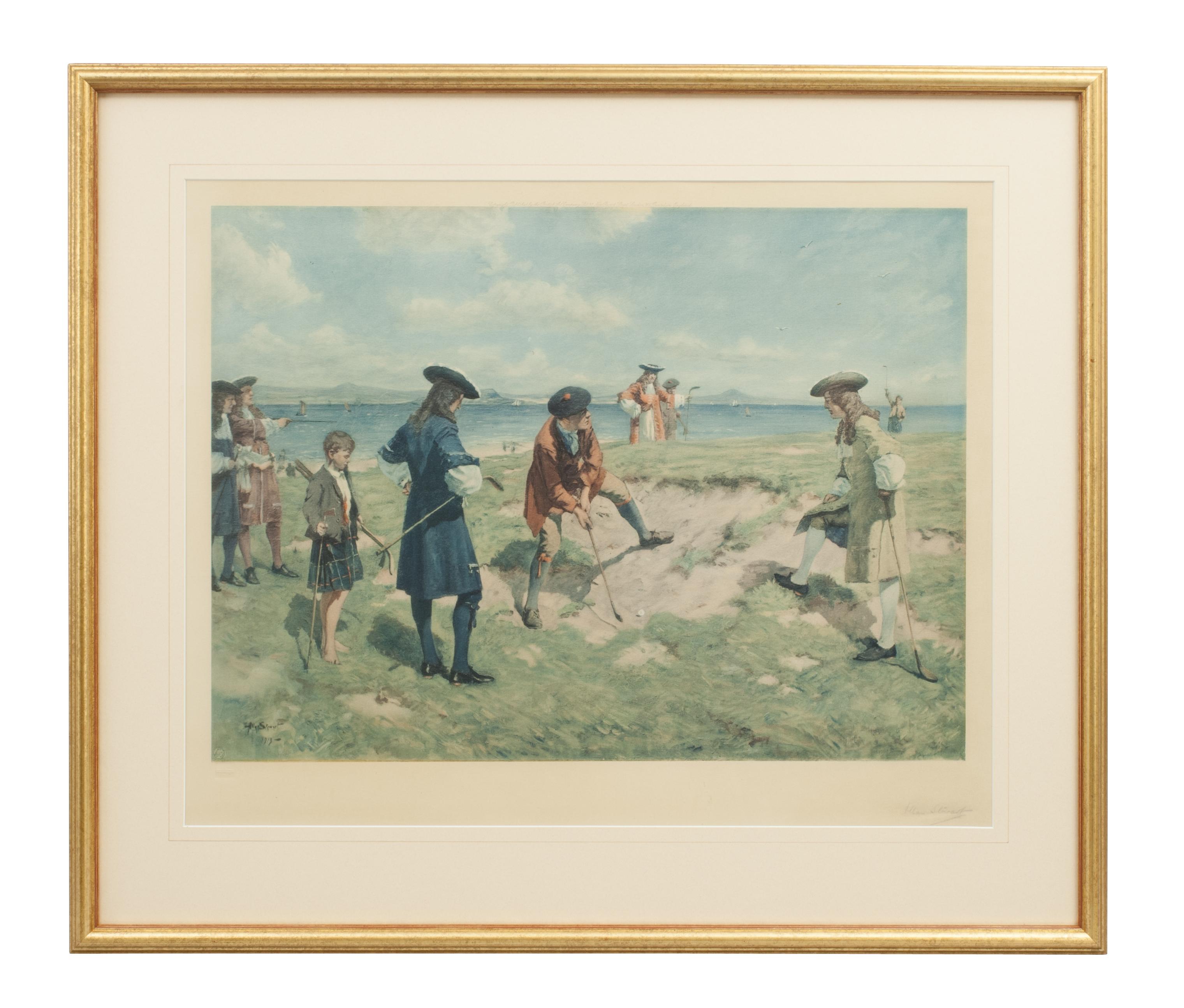 A rare original photolithograph print titled 'The First International Foursome, Played on Leith Links, 1682'. The print is signed in pencil by the Scottish painter and illustrator, Allen Stewart and is taken from his original painting. Stewart's