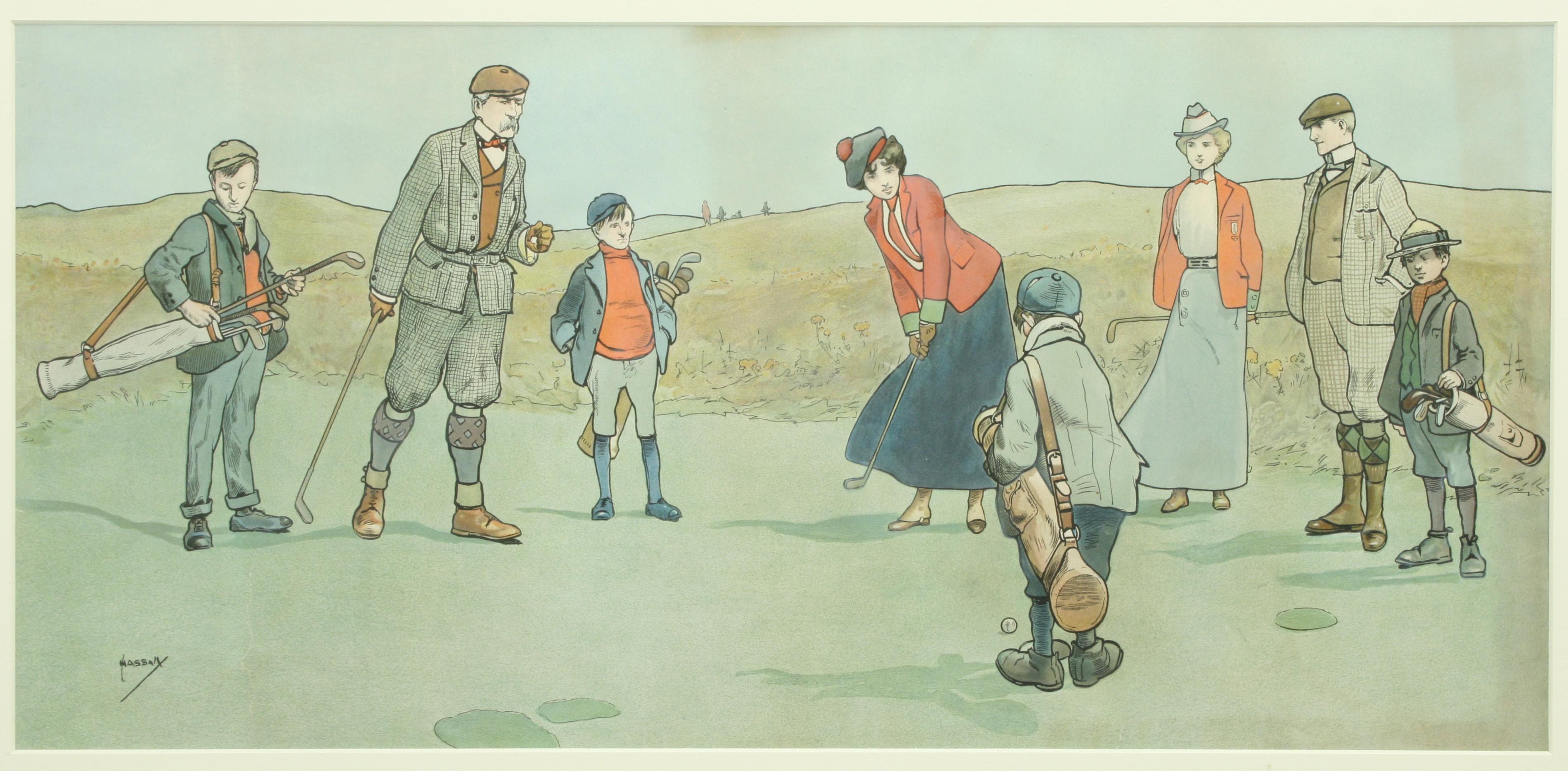 British Vintage Golf Print, Lithograph by John Hassal, Putting Out