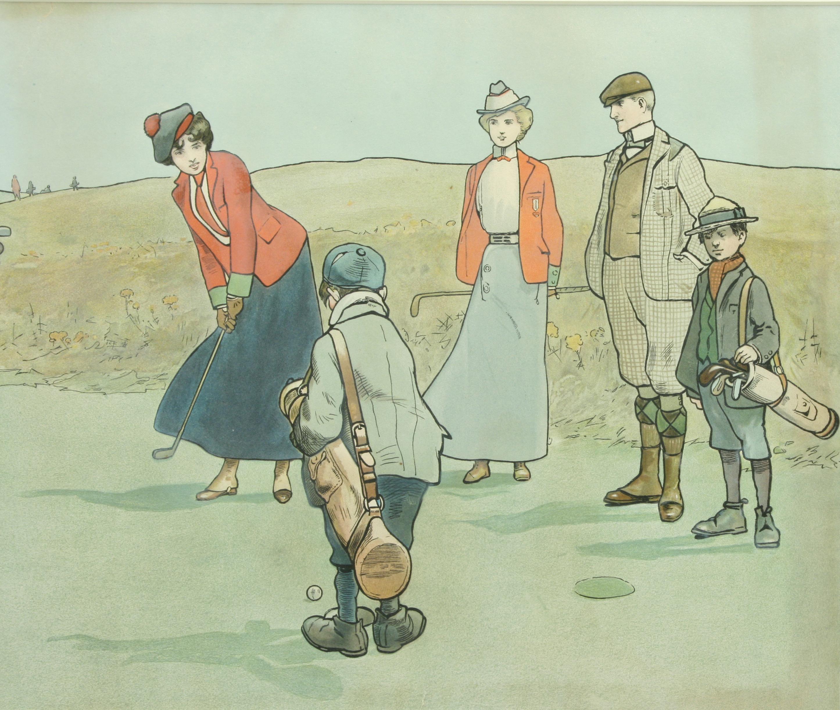 Vintage Golf Print, Lithograph by John Hassal, Putting Out In Good Condition In Oxfordshire, GB