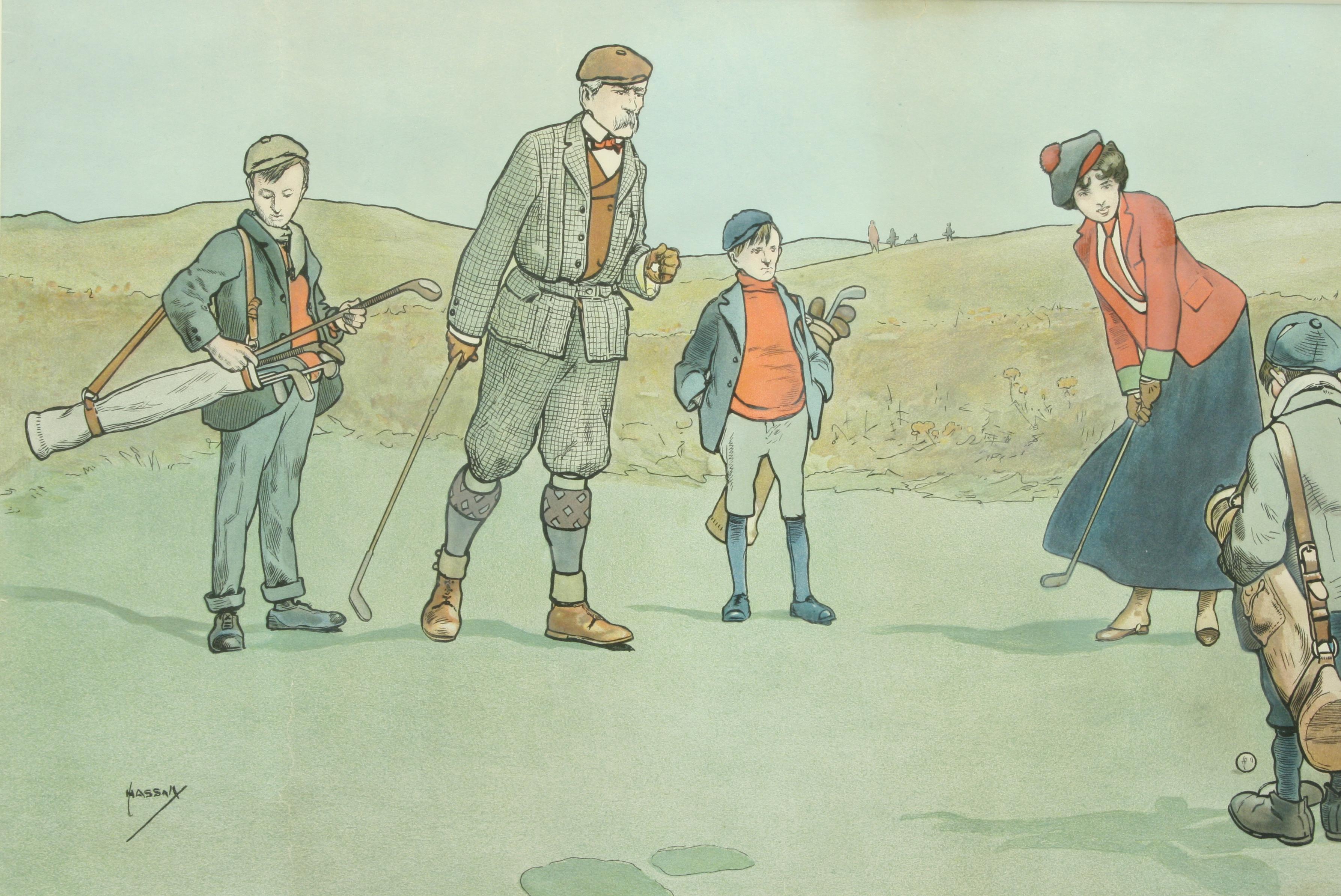 Early 20th Century Vintage Golf Print, Lithograph by John Hassal, Putting Out