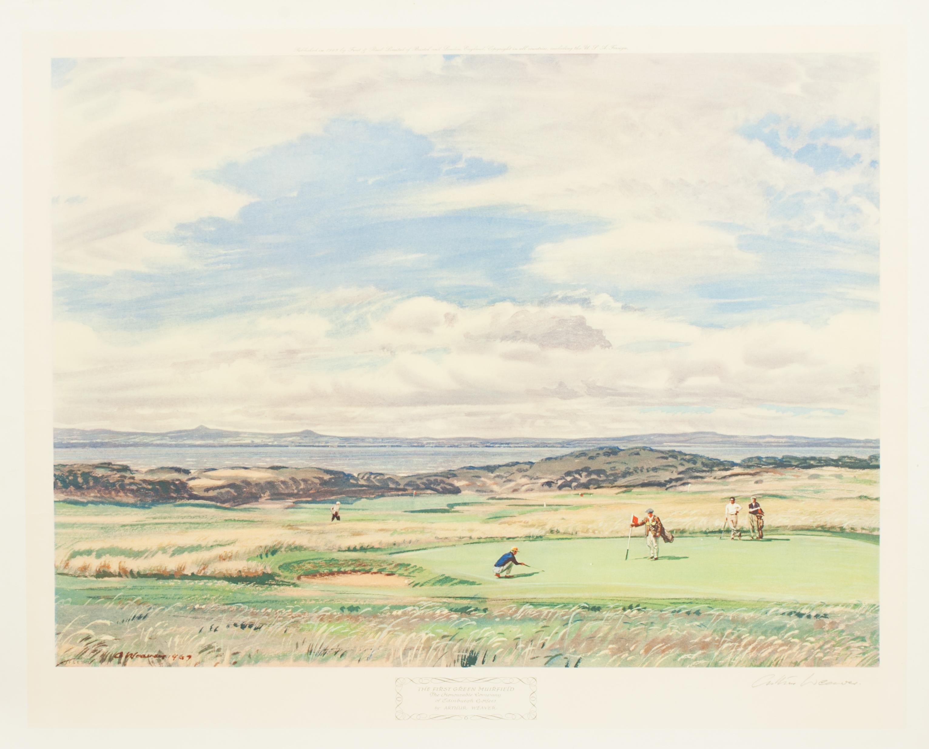 First Green Muirfield By Arthur Weaver.
A colourful golf lithograph signed by the artist, Arthur Weaver, First Green Muirfield, The Honourable Company Of Edinburgh Golfers. Published in 1968 by Frost & Reed Limited of Bristol and London, England.