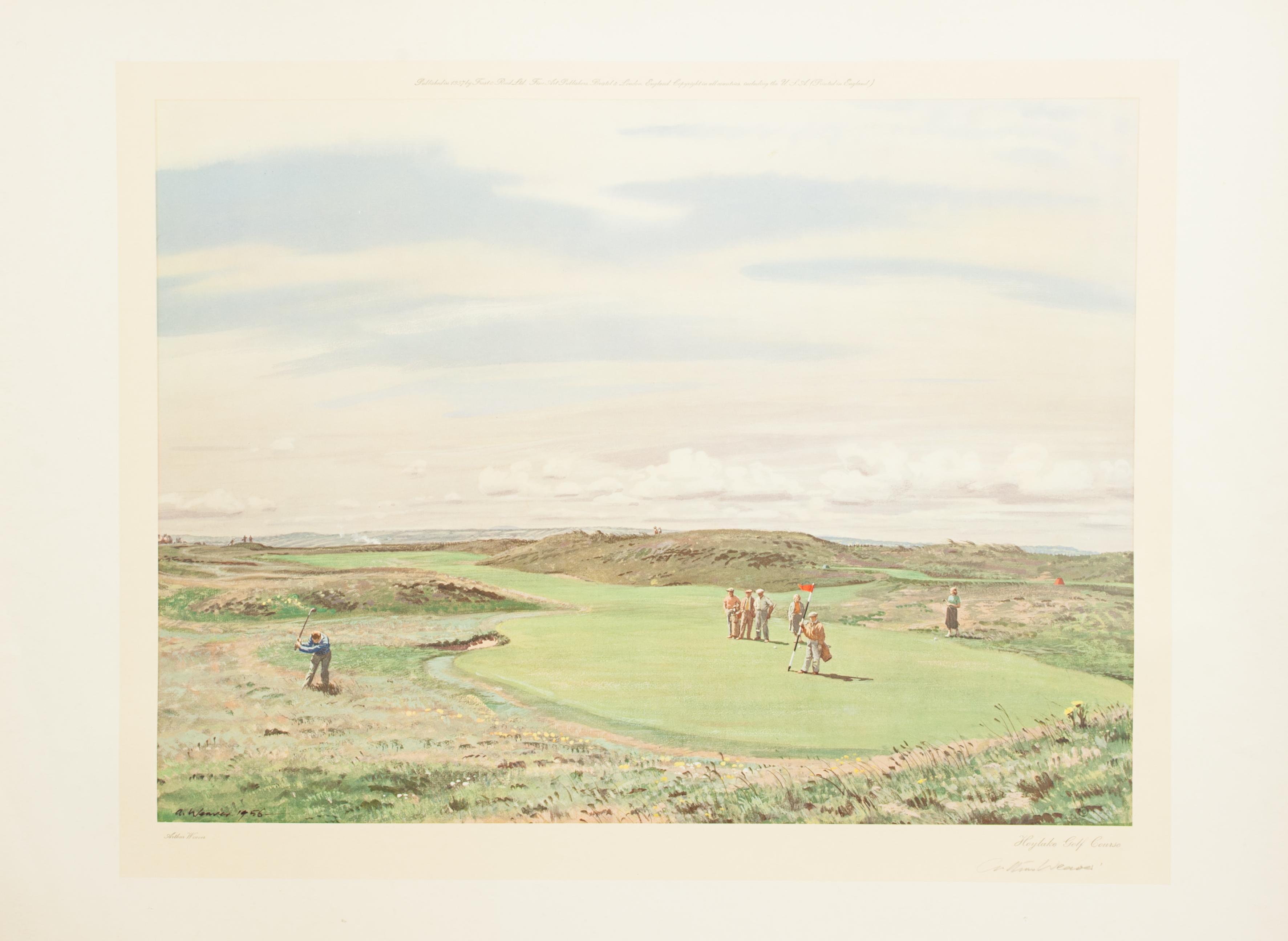 Royal Liverpool Golf Club (Hoylake) By Arthur Weaver.
A colourful golf lithograph signed in pencil by the artist, Arthur Weaver, of Hoylake golf course. Published in 1957 by Frost & Reed Ltd. Fine Art Publishers, Bristol and London, England.