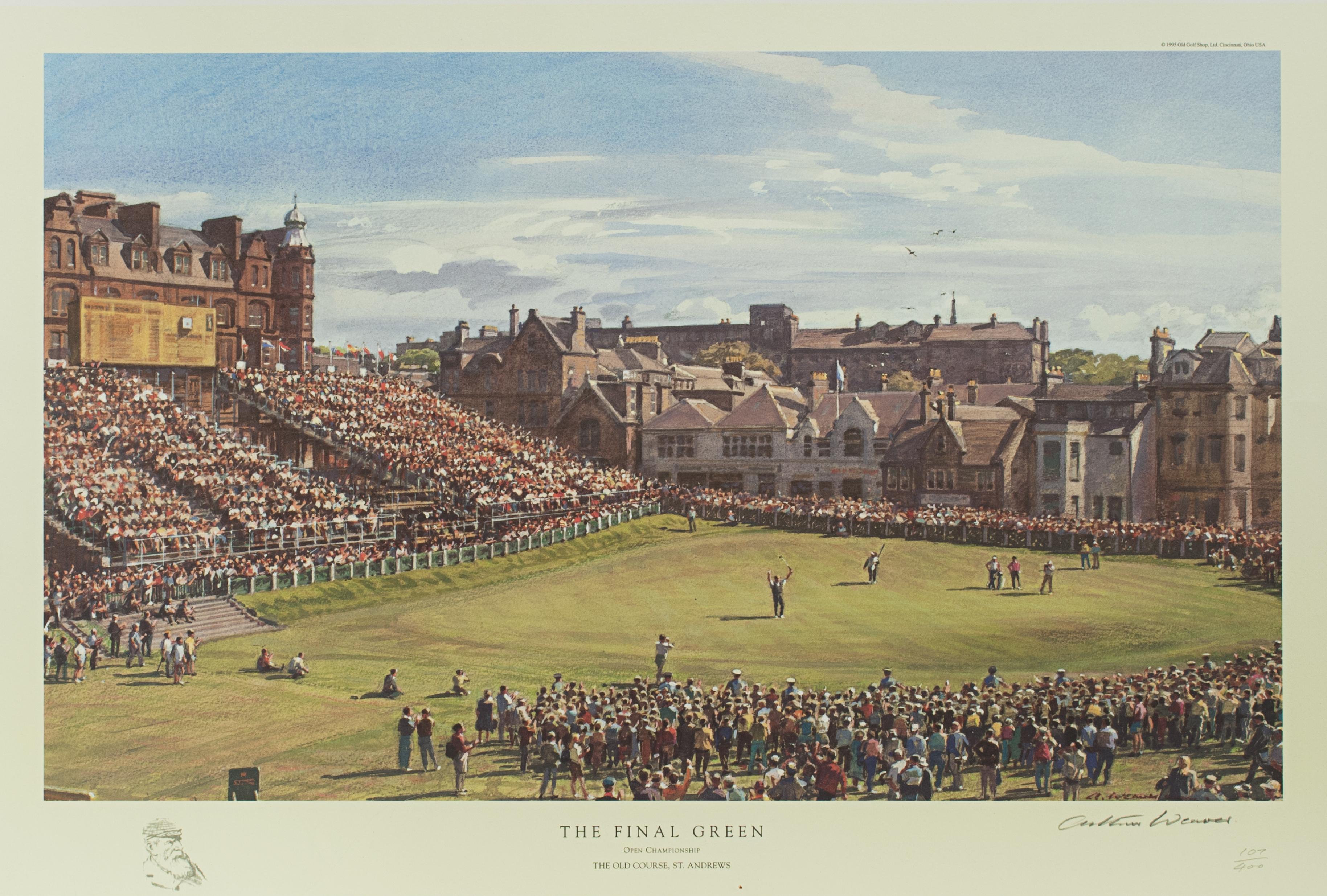 Arthur Weaver golf print, high hole, St Andrews.
A fine print taken from the original art work by Arthur Weaver, entitled 'The Final Green, Open Championship, The Old Course, St Andrews'. The print is a limited edition, this is No. 107 of 400.