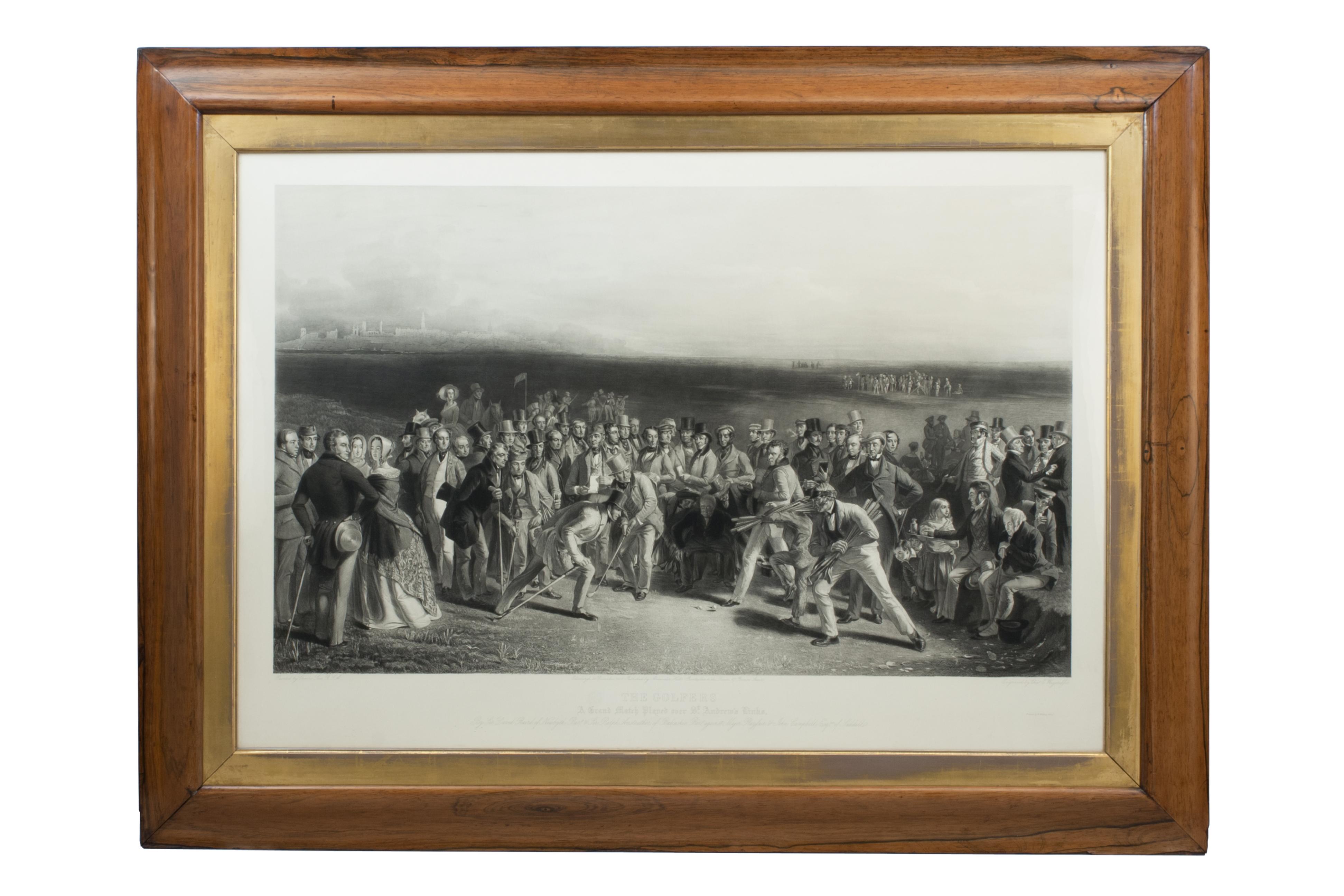 St Andrew's Golfing Gravur, Charles Lees.
Ein schöner, gerahmter Original-Golfstich 'THE GOLFERS', A Grand Match Played over St. Andrew's Links. Dies ist eine der berühmtesten Golfszenen aller Zeiten. Die Szene zeigt ein laufendes Spiel am Ginger