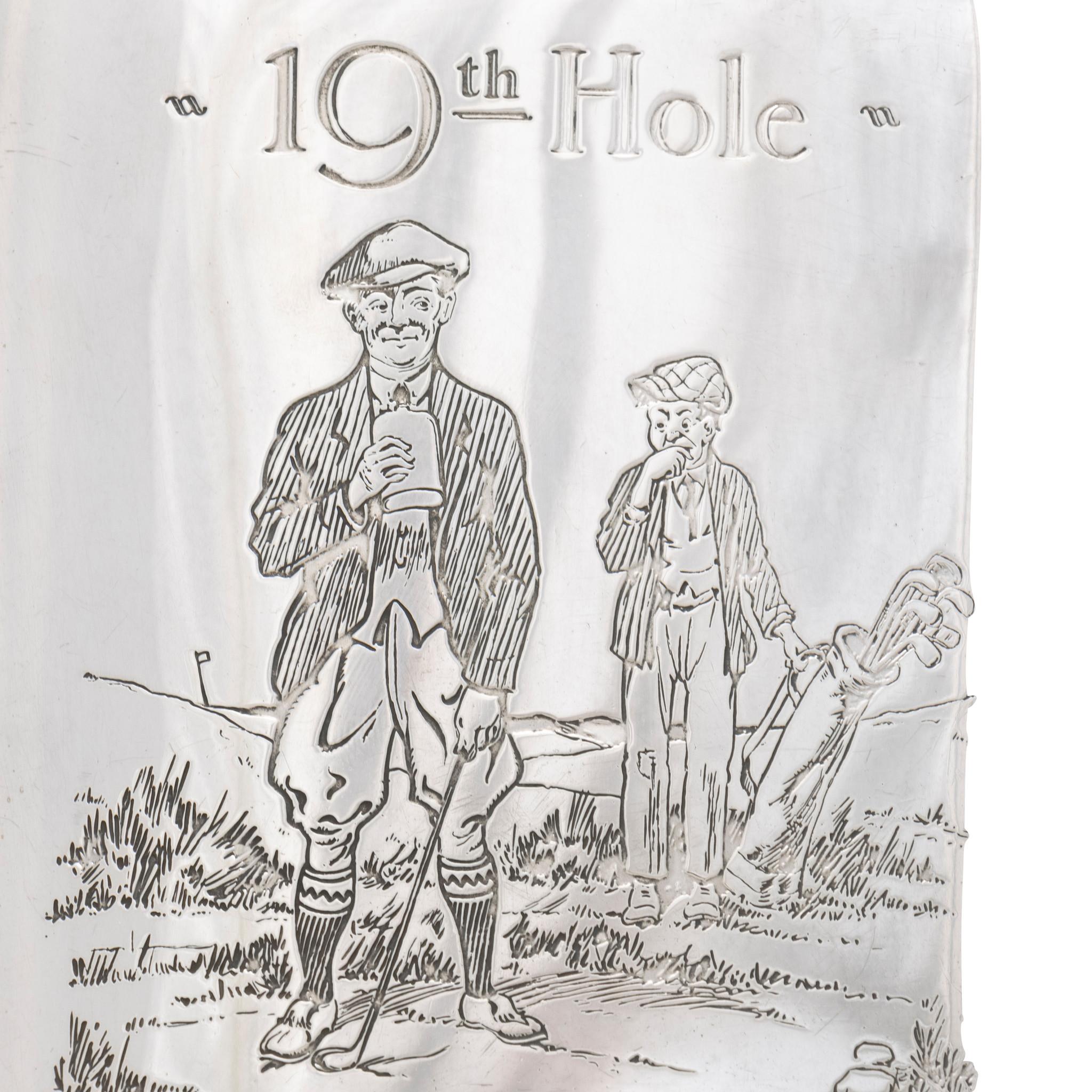 Flasque en argent sterling de William B. Kerr sur le thème du golf. Gravé 
