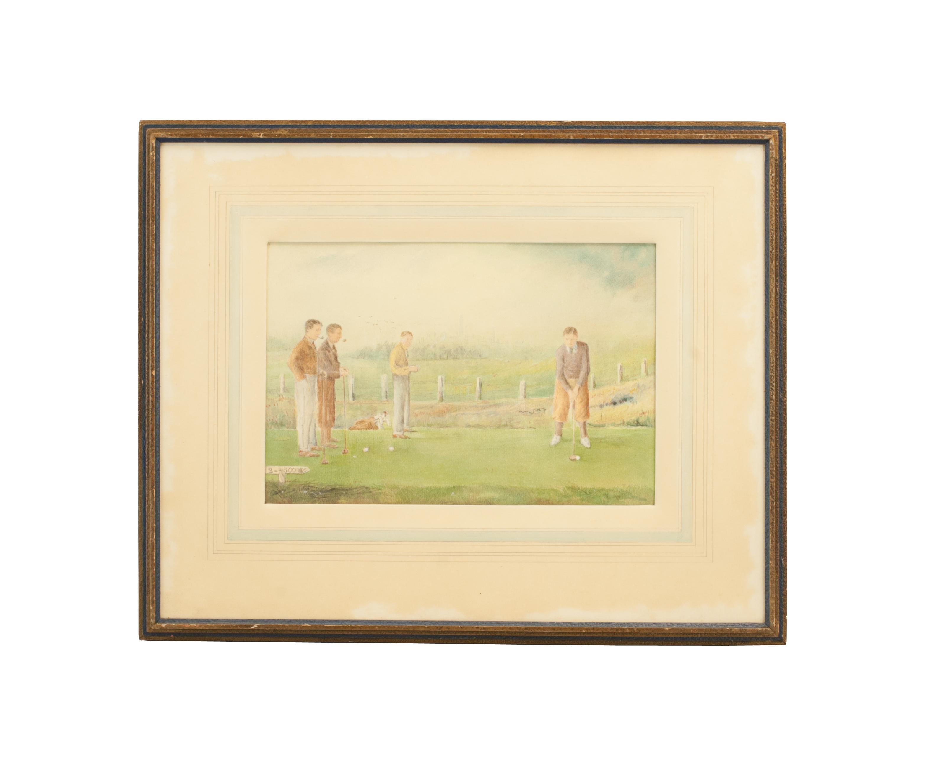 Bilston Golf Club Watercolour, H.E. Lewis Driving.
A charming golf watercolour of H. Lewis (the club professional at Bilston Golf Club) driving from the second tee. Lewis is watched by his three playing companions on his way to the course record for