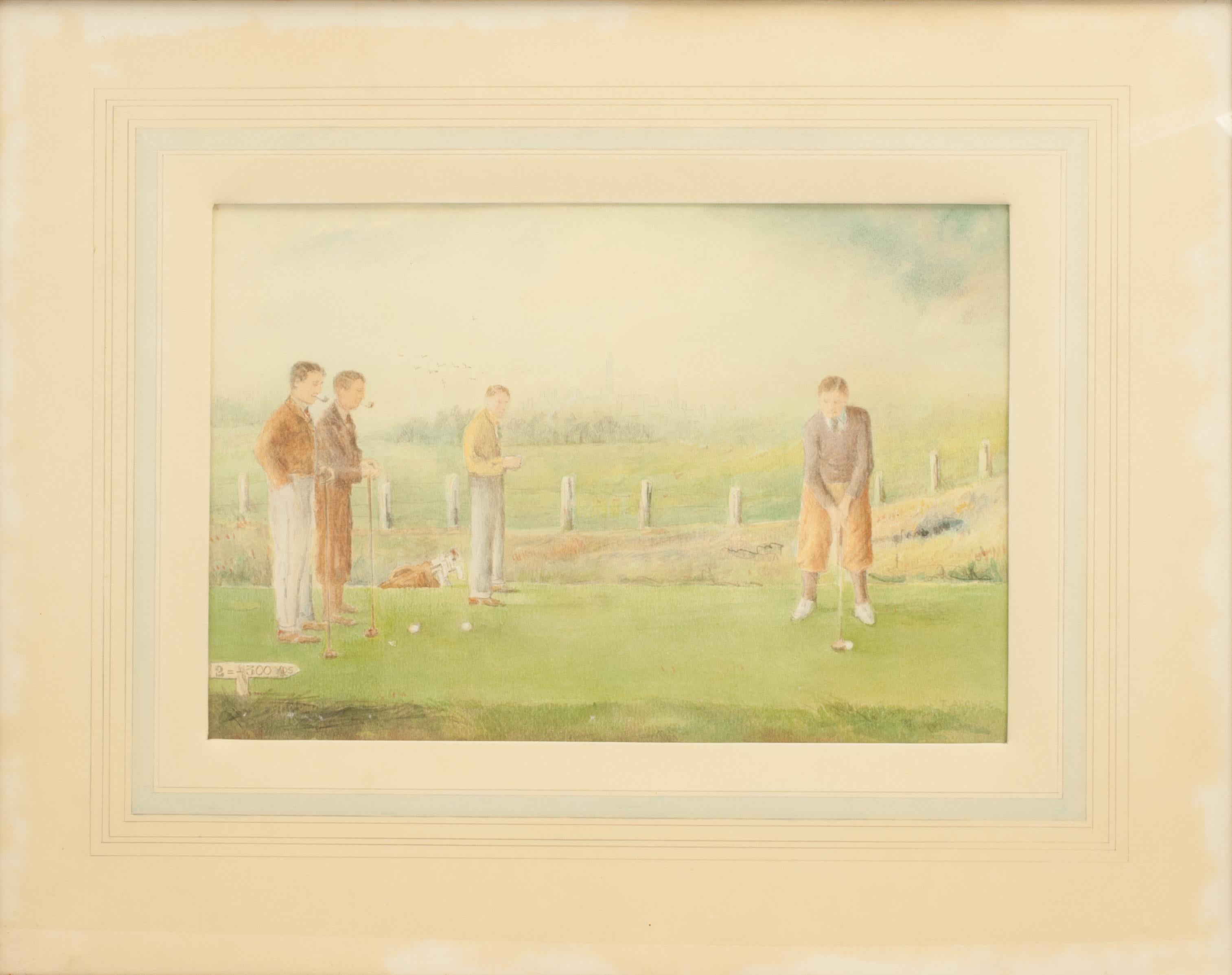Sporting Art Golf Watercolour Painting Of Members, Bilston Golf Club For Sale