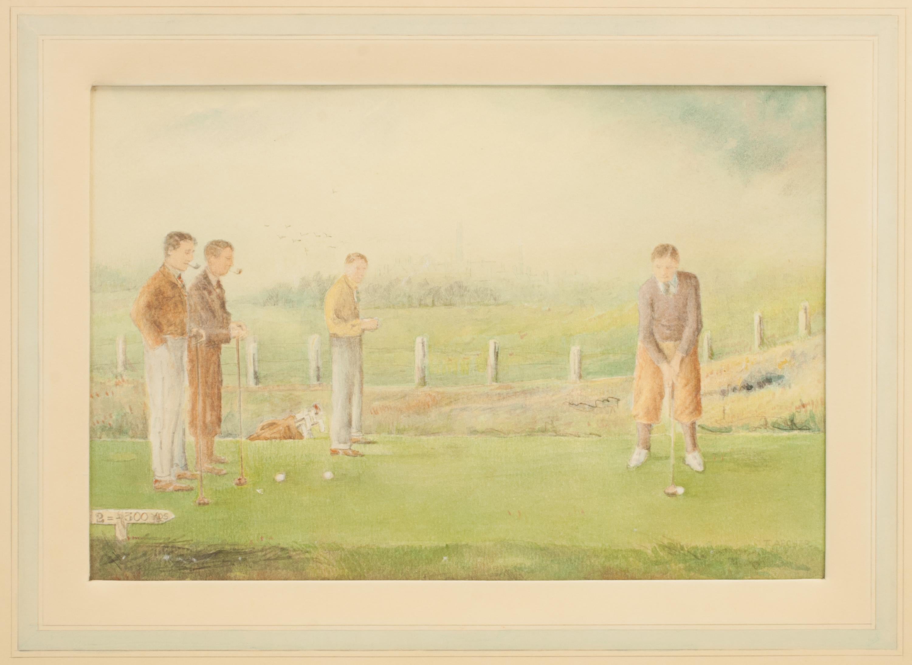 English Golf Watercolour Painting Of Members, Bilston Golf Club For Sale
