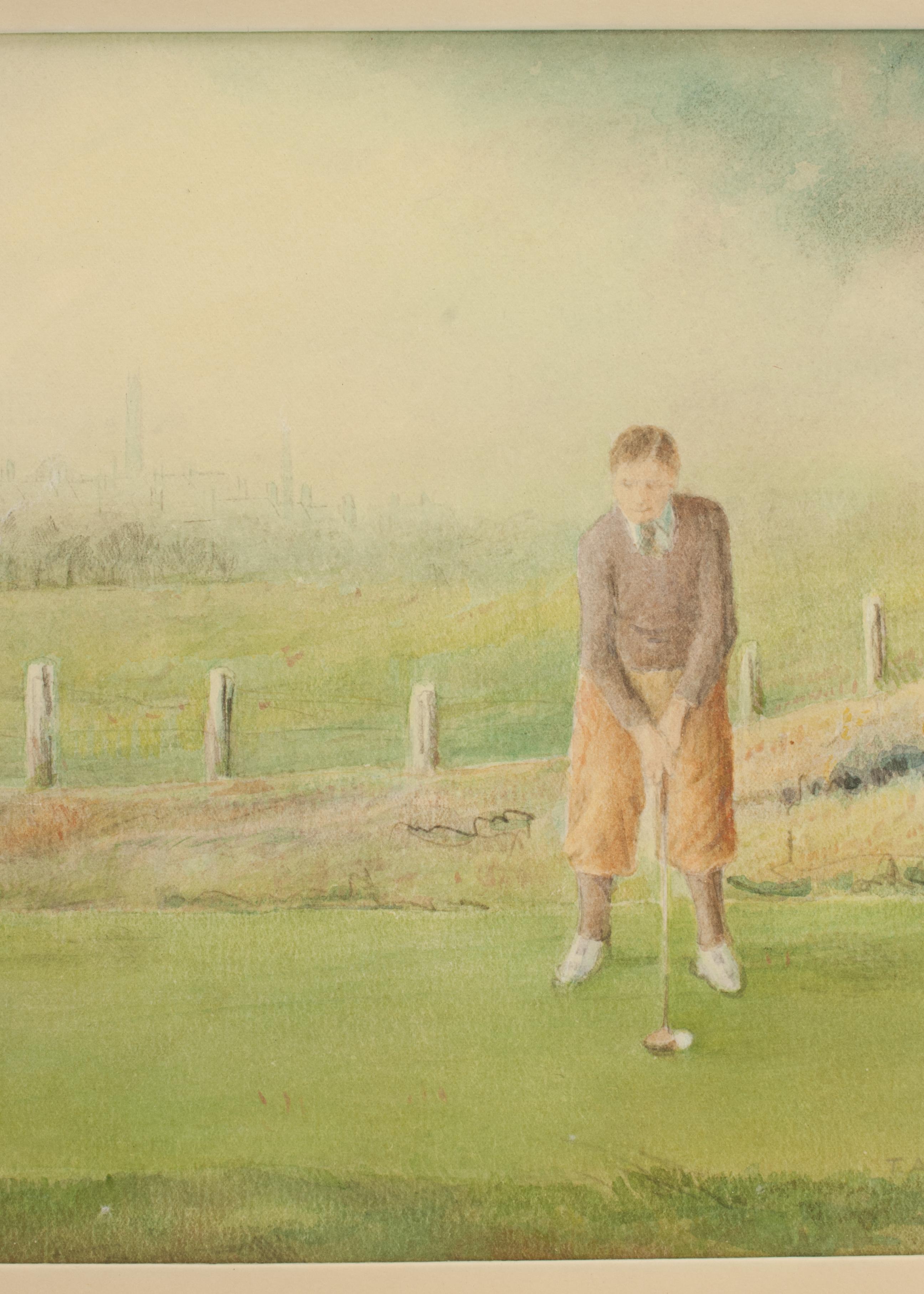 Mid-20th Century Golf Watercolour Painting Of Members, Bilston Golf Club For Sale