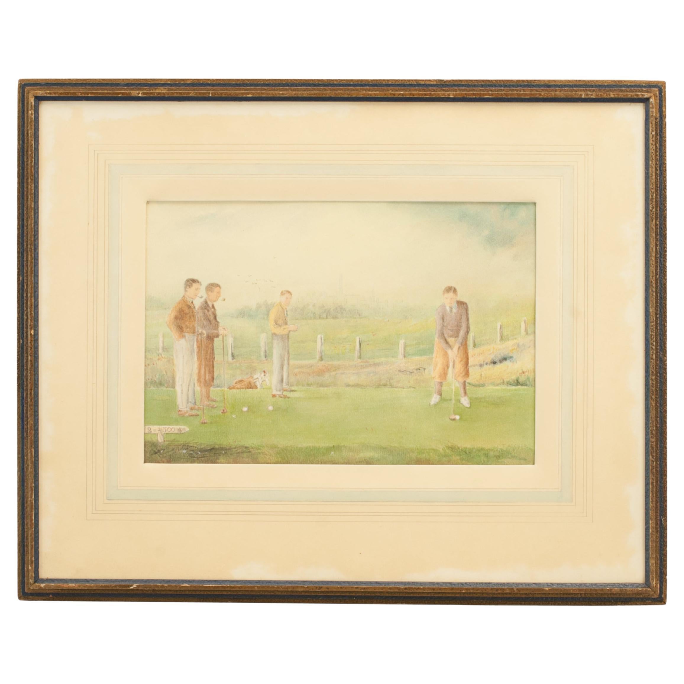 Golf Watercolour Painting Of Members, Bilston Golf Club For Sale