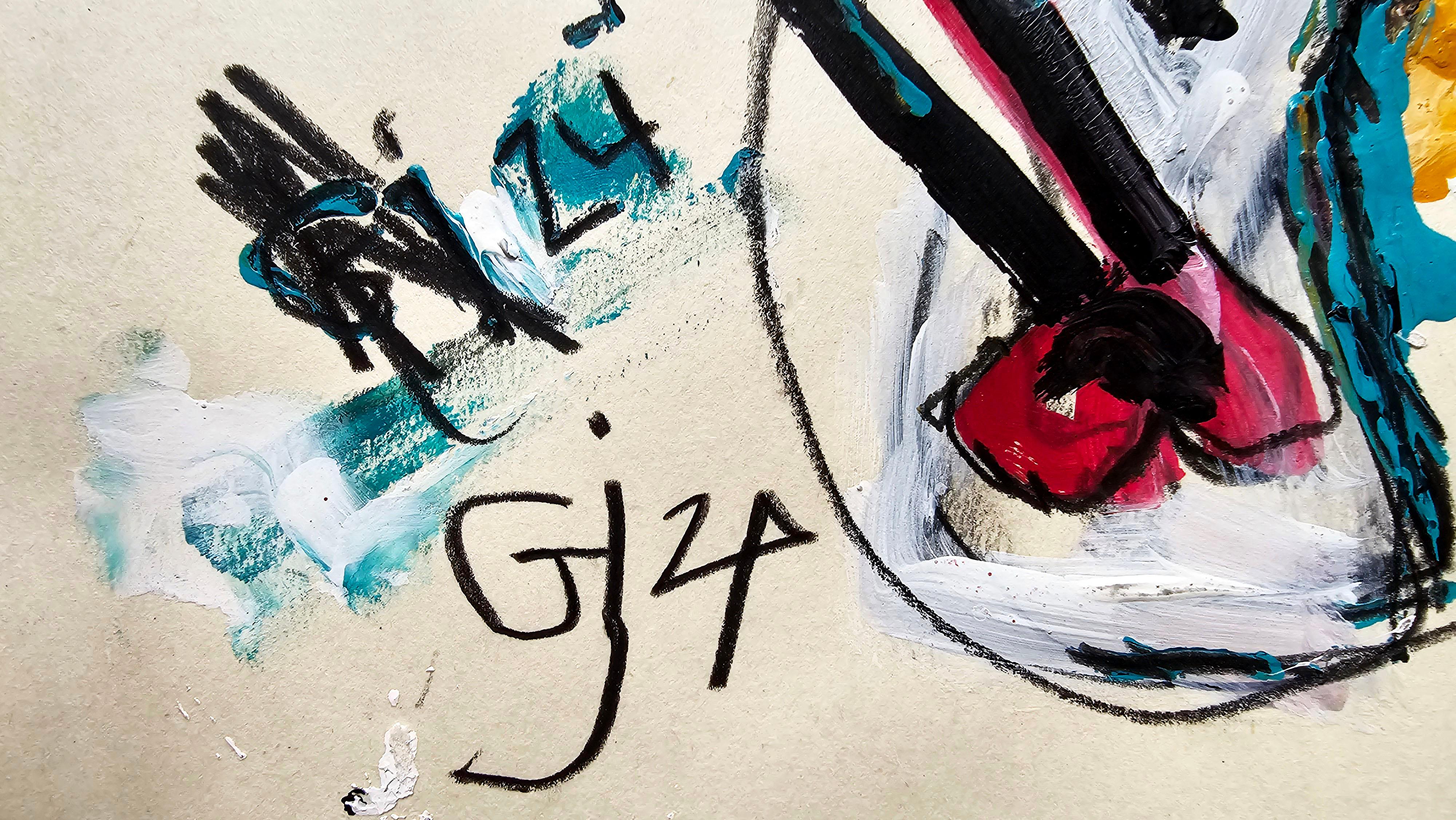Saint Minecraft XIV (Gestural Abstract, Gaming, Portrait, Creativity, Iranian) - Beige Figurative Painting by Golfam Jozdani