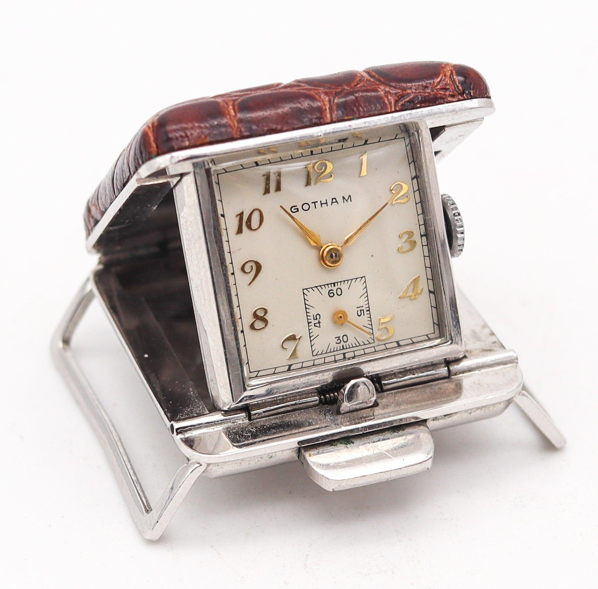Un orologio da cintura per golfisti progettato da Gotham.

Questo è un orologio con fibbia molto speciale creato da Gotham per i golfisti. L'orologio con fibbia da golf è stato realizzato nel 1960 in acciaio cromato lucido e decorato con pelle di