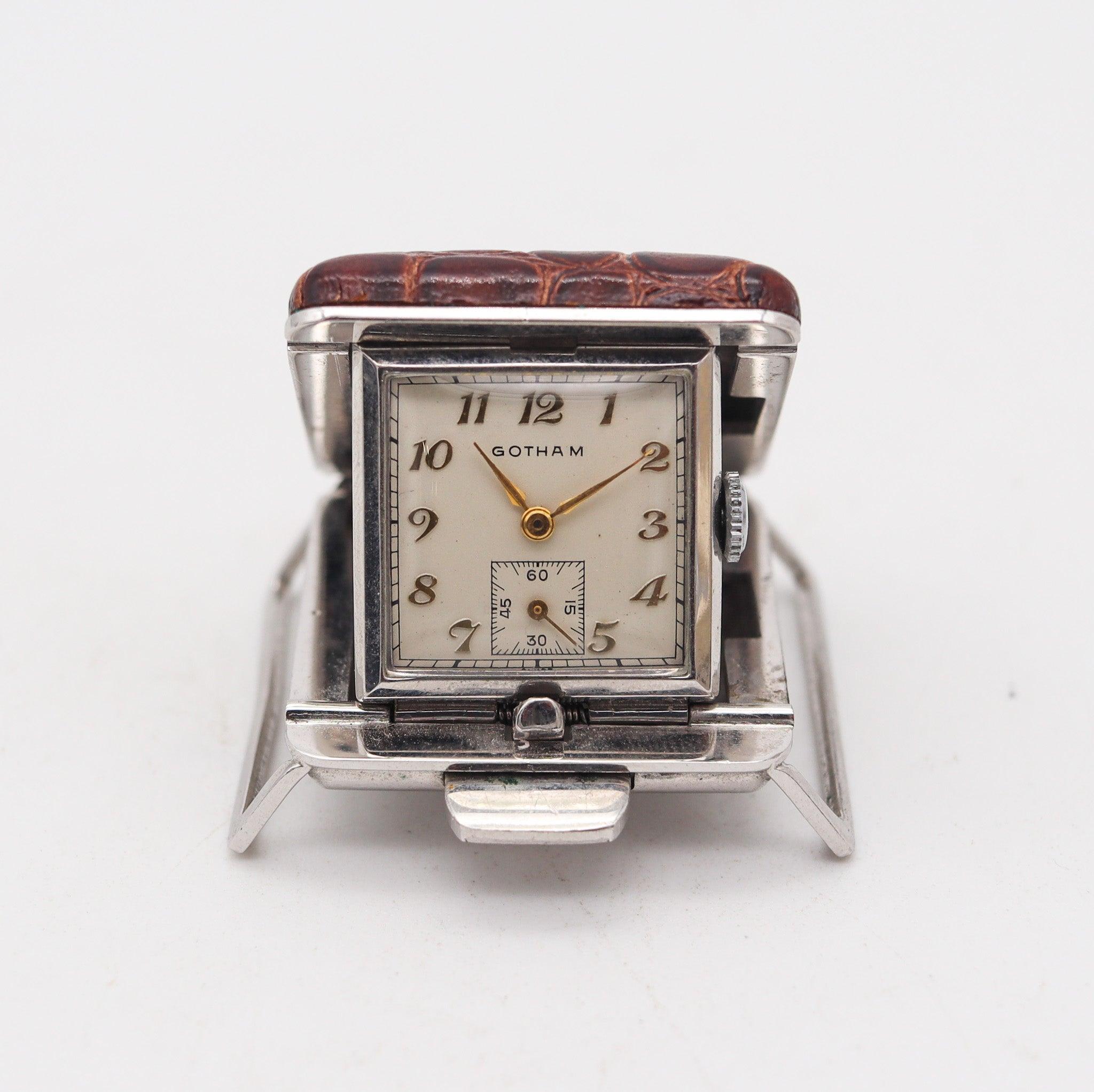 Metà XX secolo OROLOGIO GOLFER BUCKLE 1950 Gotham Watch Co. In acciaio inossidabile e coccodrillo in vendita