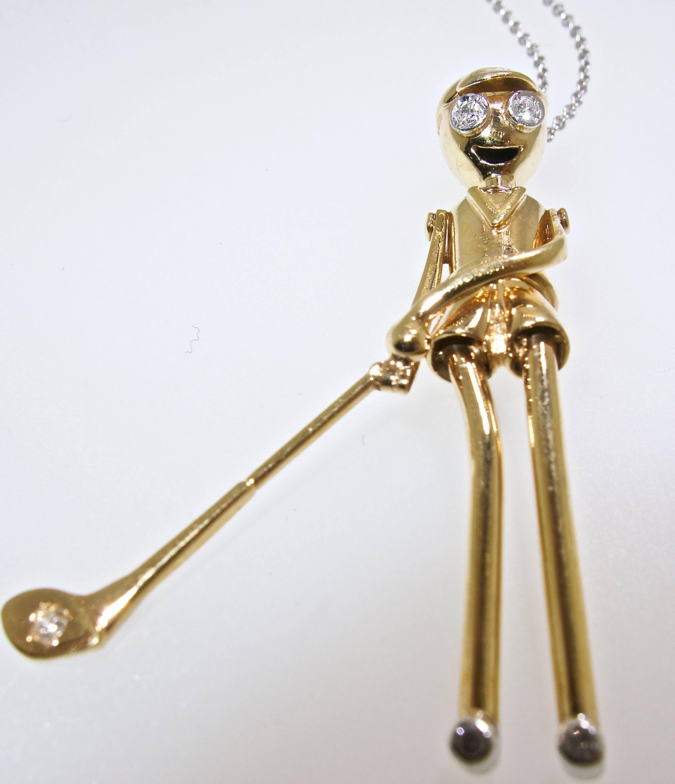 Golfer Pendant in Gold with Diamonds In Excellent Condition In Aspen, CO