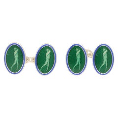Golfing Green and Blue Enamel Chain Link Cufflinks in Sterling Silver