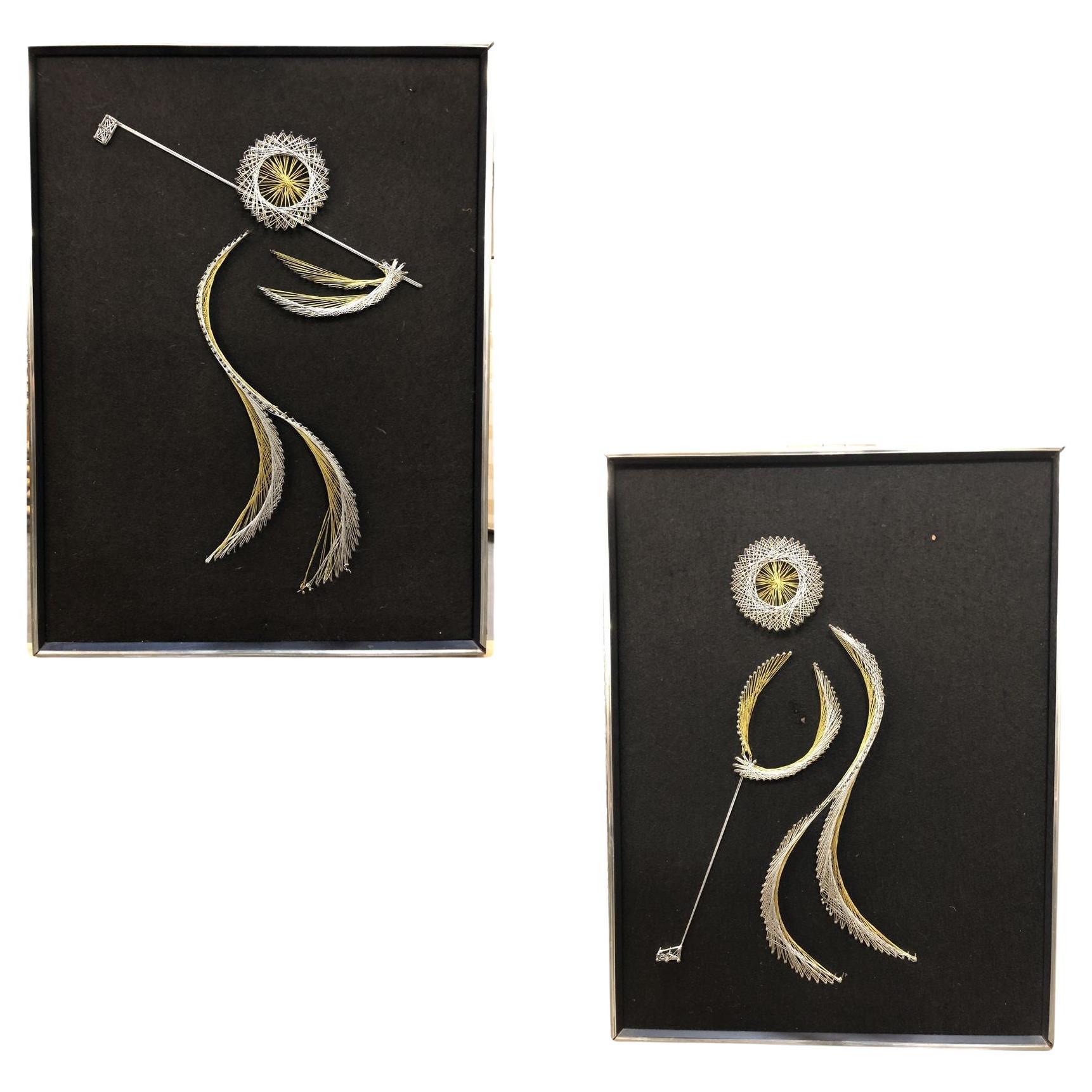 Golfing Man String Nail Art Silver and Gold on Blackby Chapman, Pair For Sale