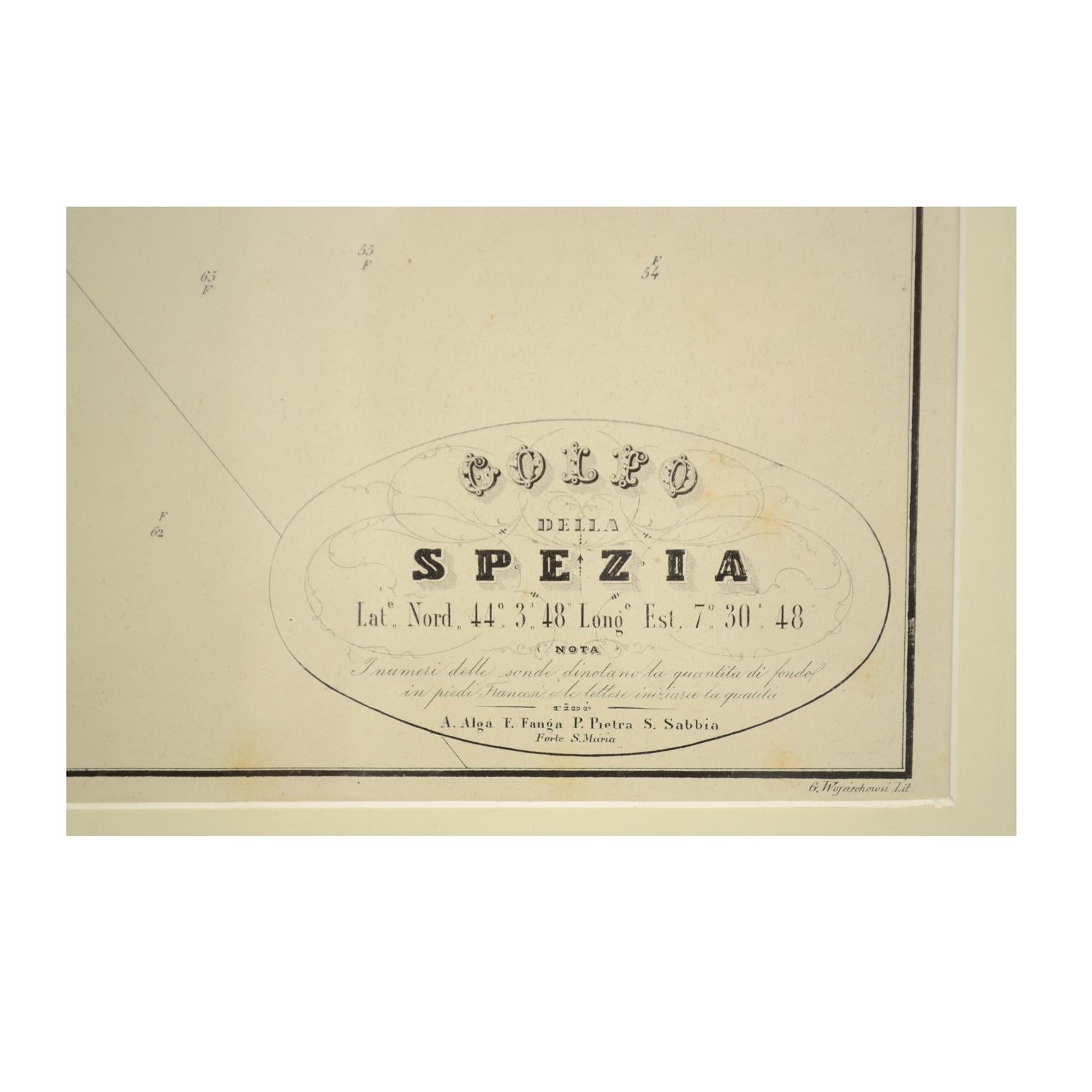 Golfo Della Spezia, ancient portolano for use by seafarers with indications for anchoring in port made by the Litografia Armanino active in Genoa between 1843 and 1880, on behalf of the Savoy Marina, because the cartography was no longer adapted to