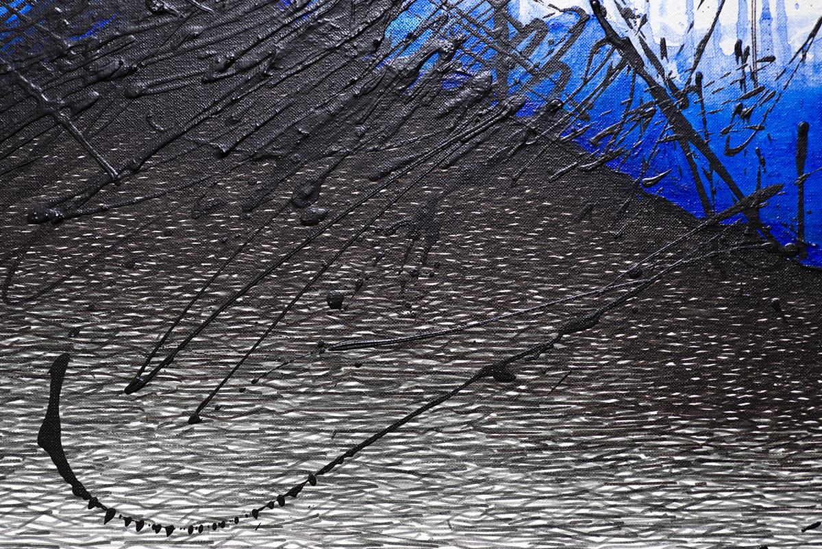 Zeitgenössisches minimalistisches abstraktes blau-schwarzes iranisches Gemälde auf Leinwand (Grau), Abstract Painting, von Golnaz Fathi