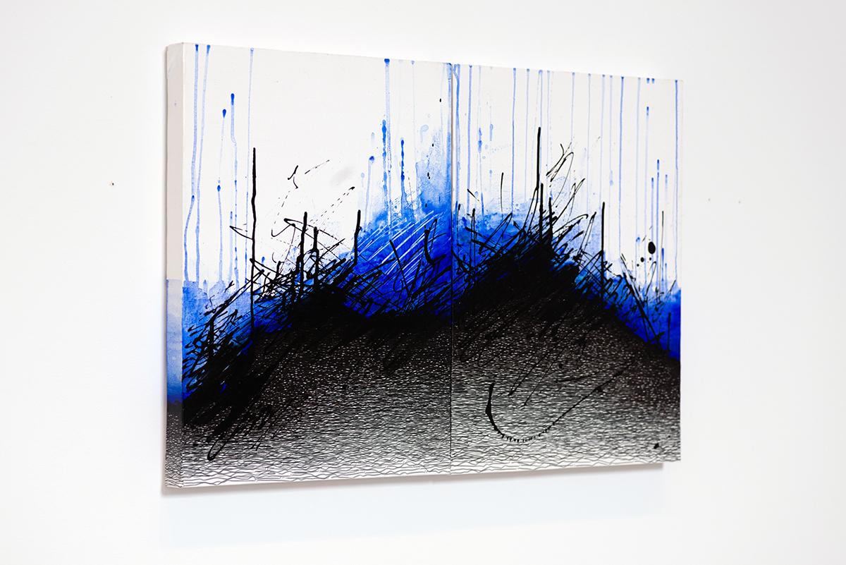 Zeitgenössisches minimalistisches abstraktes blau-schwarzes iranisches Gemälde auf Leinwand im Angebot 1