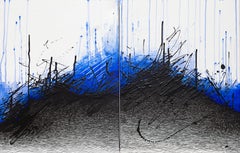 Peinture abstraite iranienne contemporaine minimaliste bleue et noire sur toile