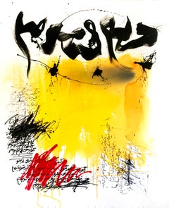 Contemporary minimalist abstract yellow, black and red Iranian painting