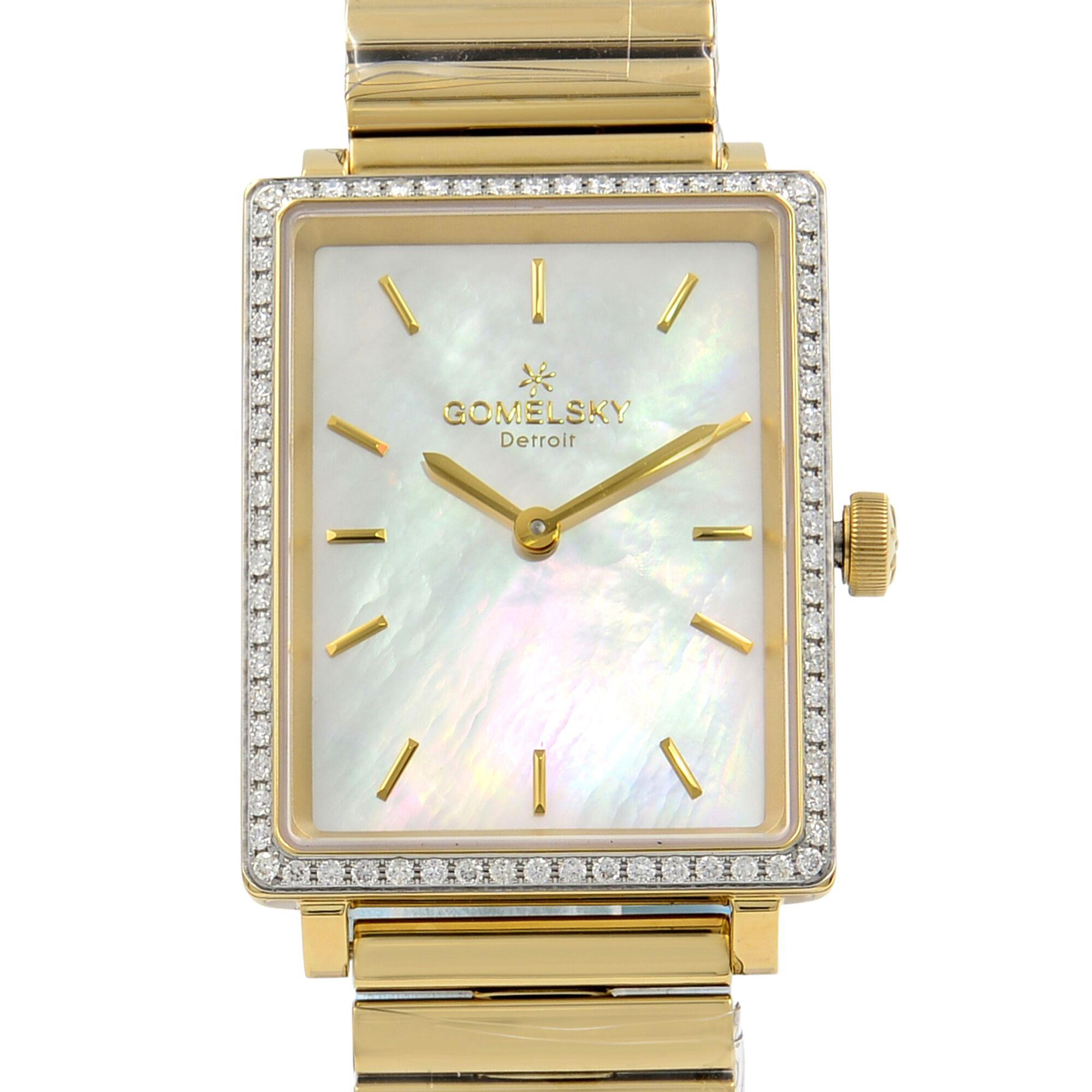 This brand new Gomelsky Shirley Fromer G0120072642 is a beautiful Ladies timepiece that is powered by a quartz movement which is cased in a stainless steel case. It has a  rectangle shape face,  dial, and has hand sticks style markers. It is