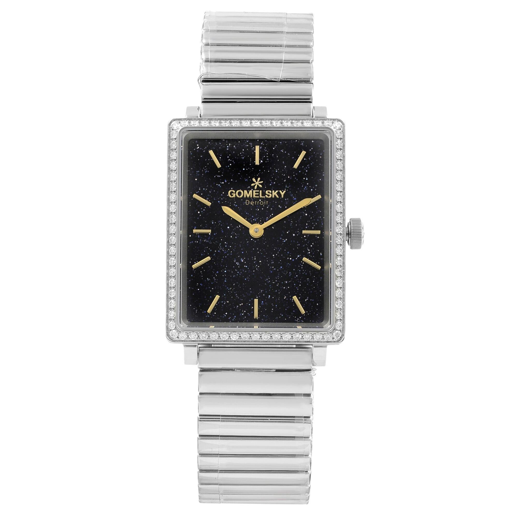 This brand new Gomelsky Shirley Fromer  G0120072643 is a beautiful Ladies timepiece that is powered by a quartz movement which is cased in a stainless steel case. It has a  rectangle shape face,  dial, and has hand sticks style markers. It is