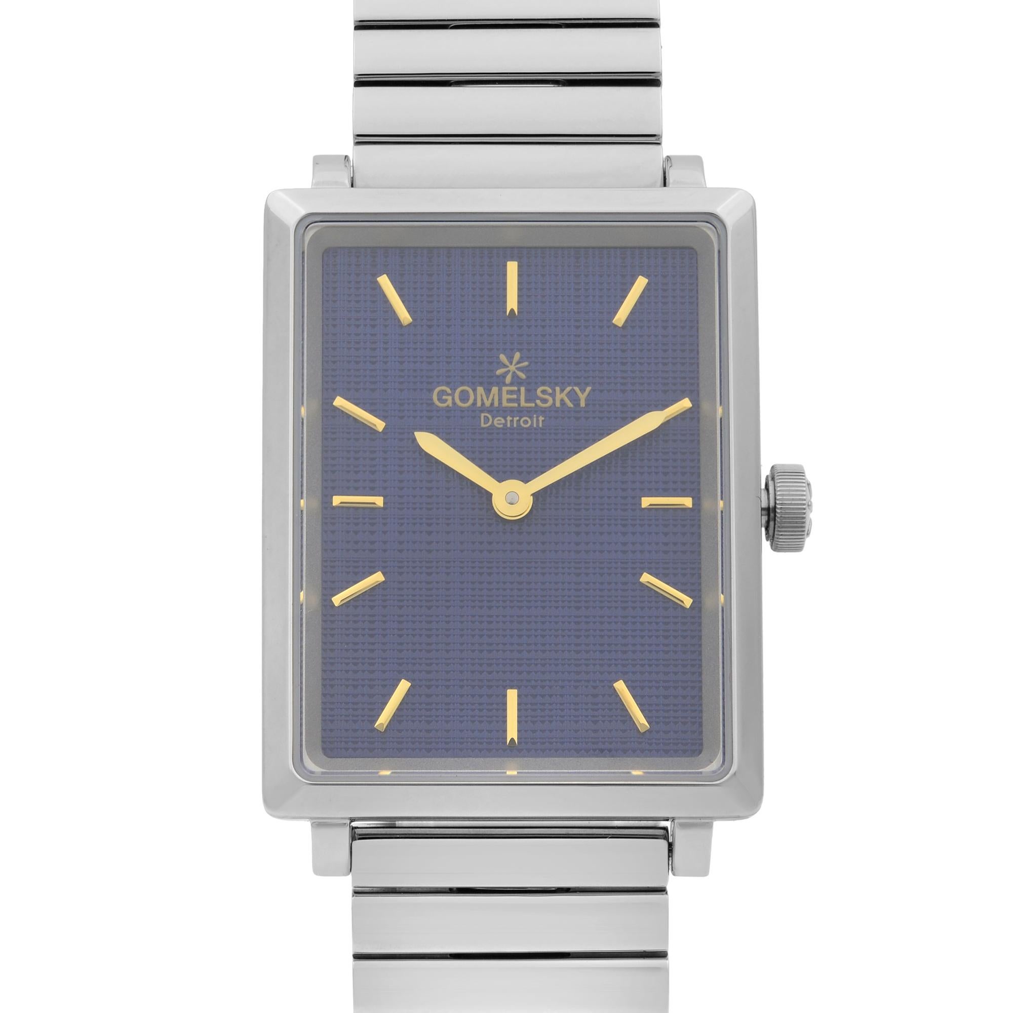 This brand new Gomelsky Shirley Fromer G0120067028 is a beautiful Ladie's timepiece that is powered by quartz (battery) movement which is cased in a stainless steel case. It has a  rectangle shape face, no features dial and has hand sticks style