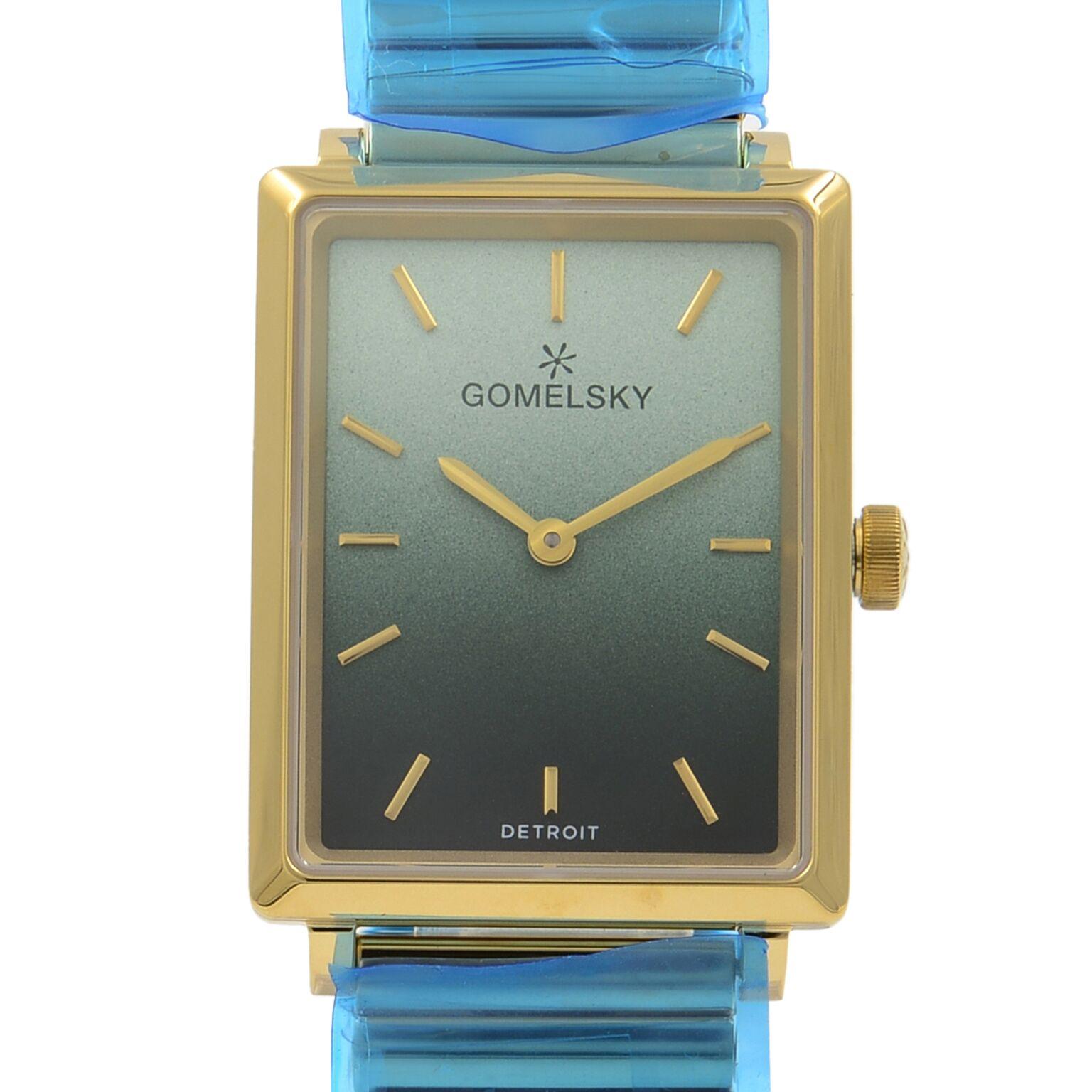 This brand new Gomelsky Shirley Fromer G0120147282 is a beautiful Ladies timepiece that is powered by a quartz movement which is cased in a stainless steel case. It has a  rectangle shape face,  dial and has hand sticks style markers. It is