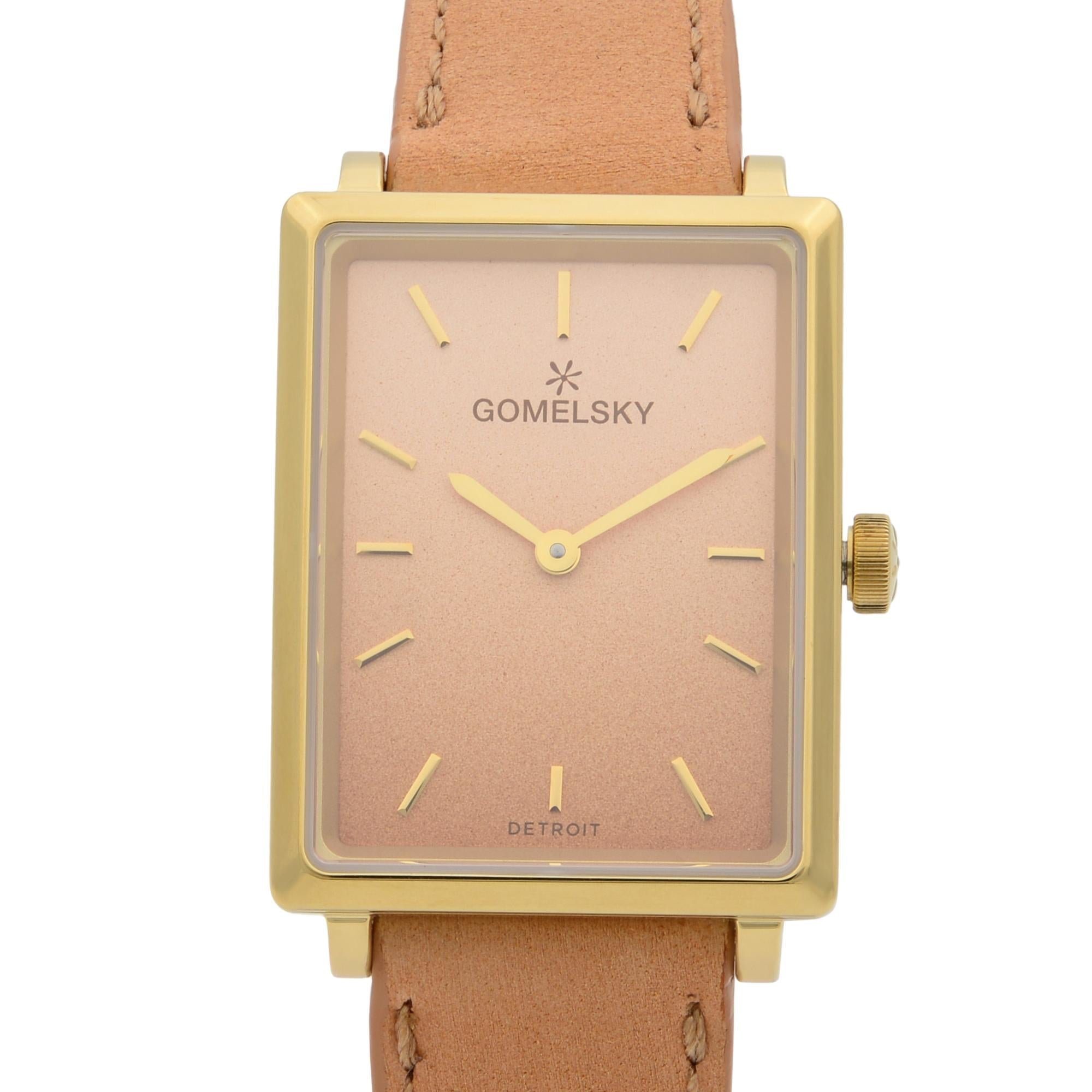 This brand new Gomelsky Shirley  is a beautiful  timepiece that is powered by quartz (battery) movement which is cased in a stainless steel case. It has a  rectangle shape face,  dial and has hand sticks style markers. It is completed with a leather