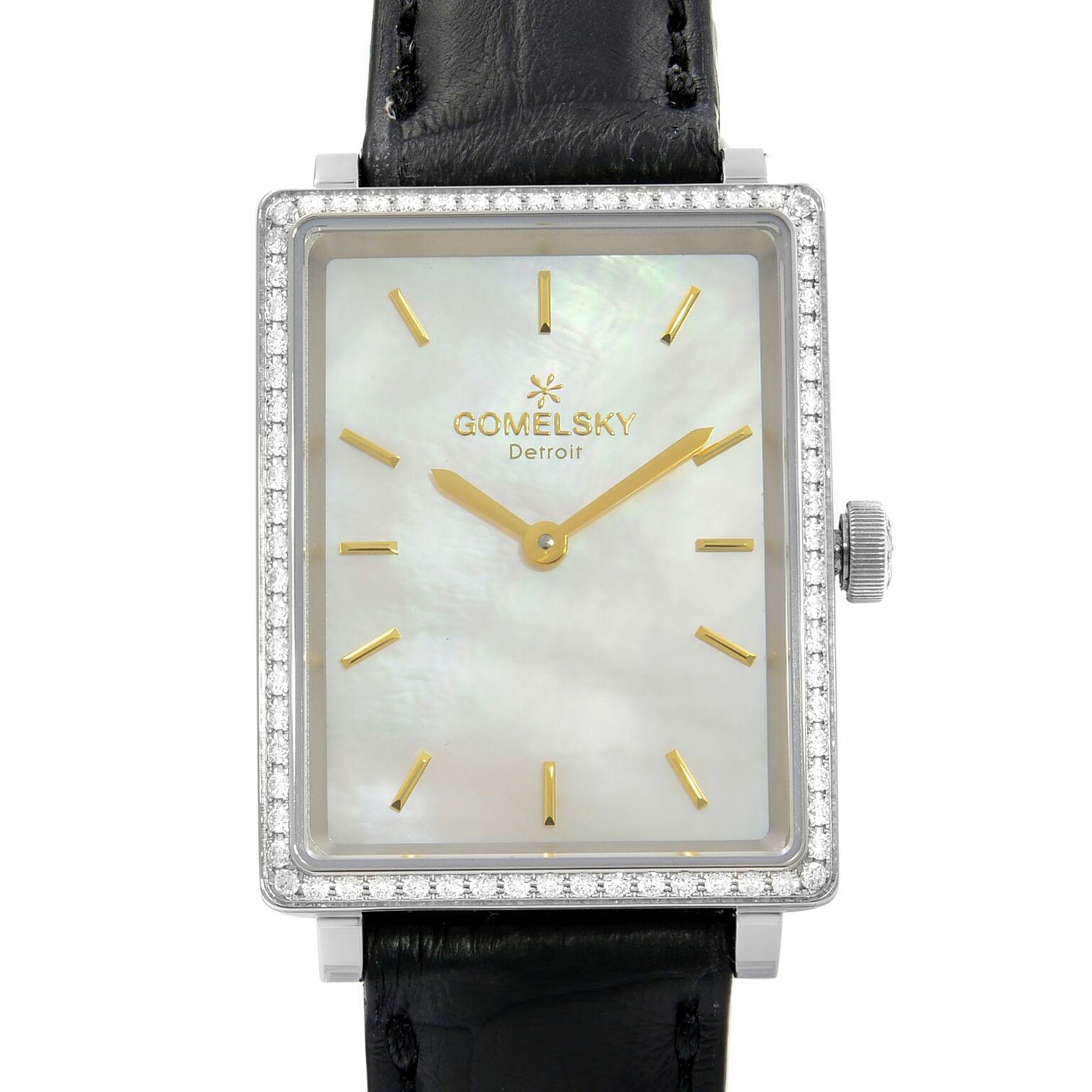This brand new Gomelsky The Shirley G0120072639 is a beautiful Ladie's timepiece that is powered by quartz (battery) movement which is cased in a stainless steel case. It has a rectangle shape face, dial, and has hand sticks style markers. It is