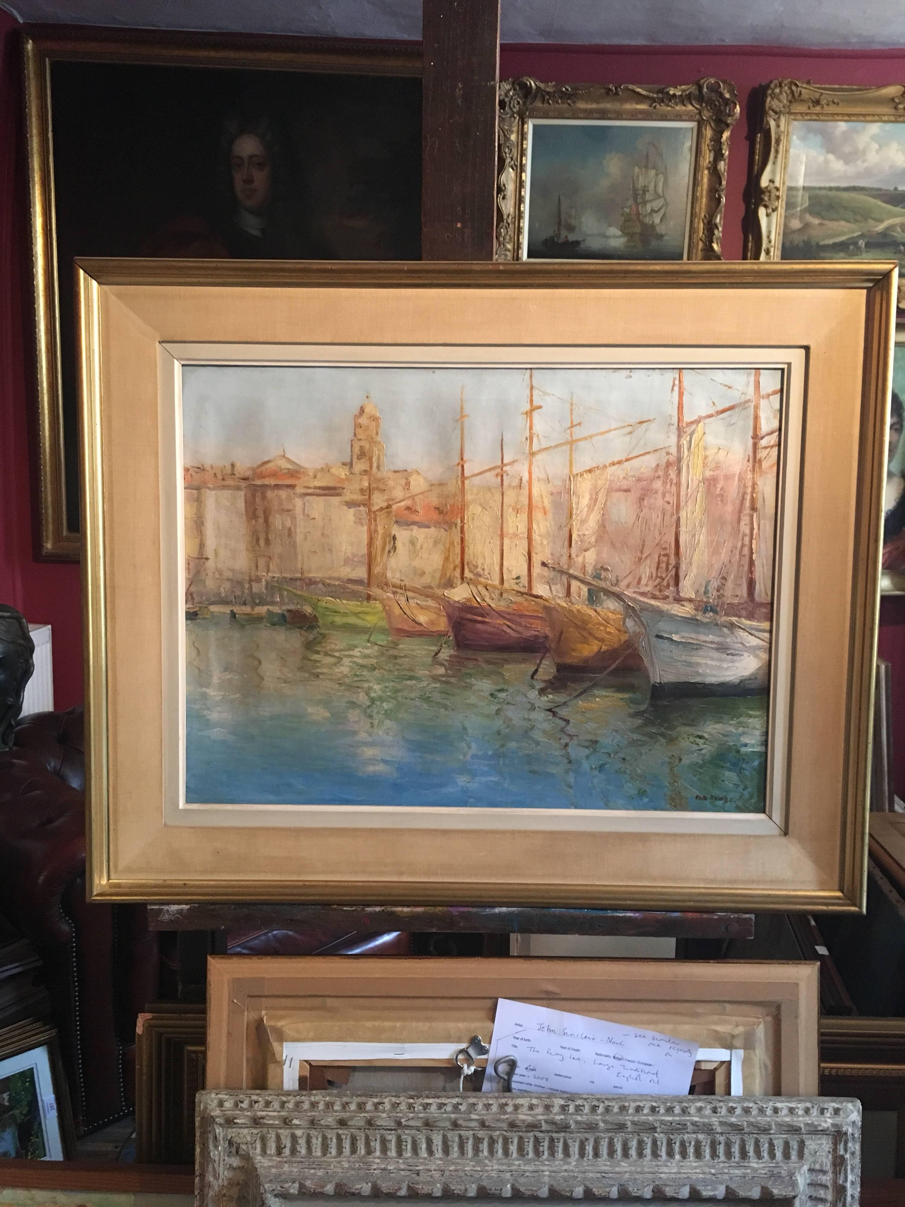 Tranquil Spanish Fishing Port, Signed Oil - Painting by Gomez
