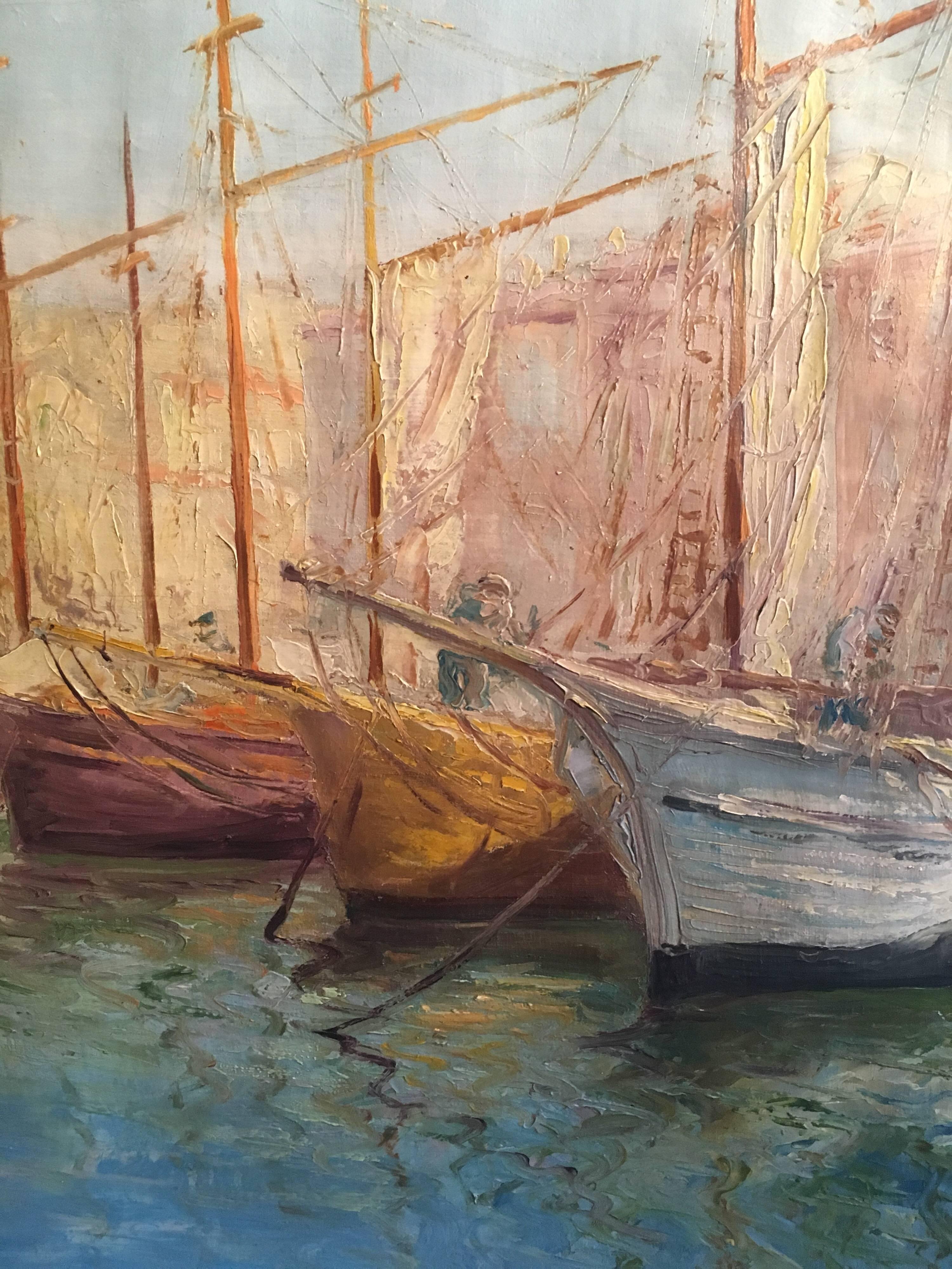 Tranquil Spanish Fishing Port, Signed Oil - Impressionist Painting by Gomez